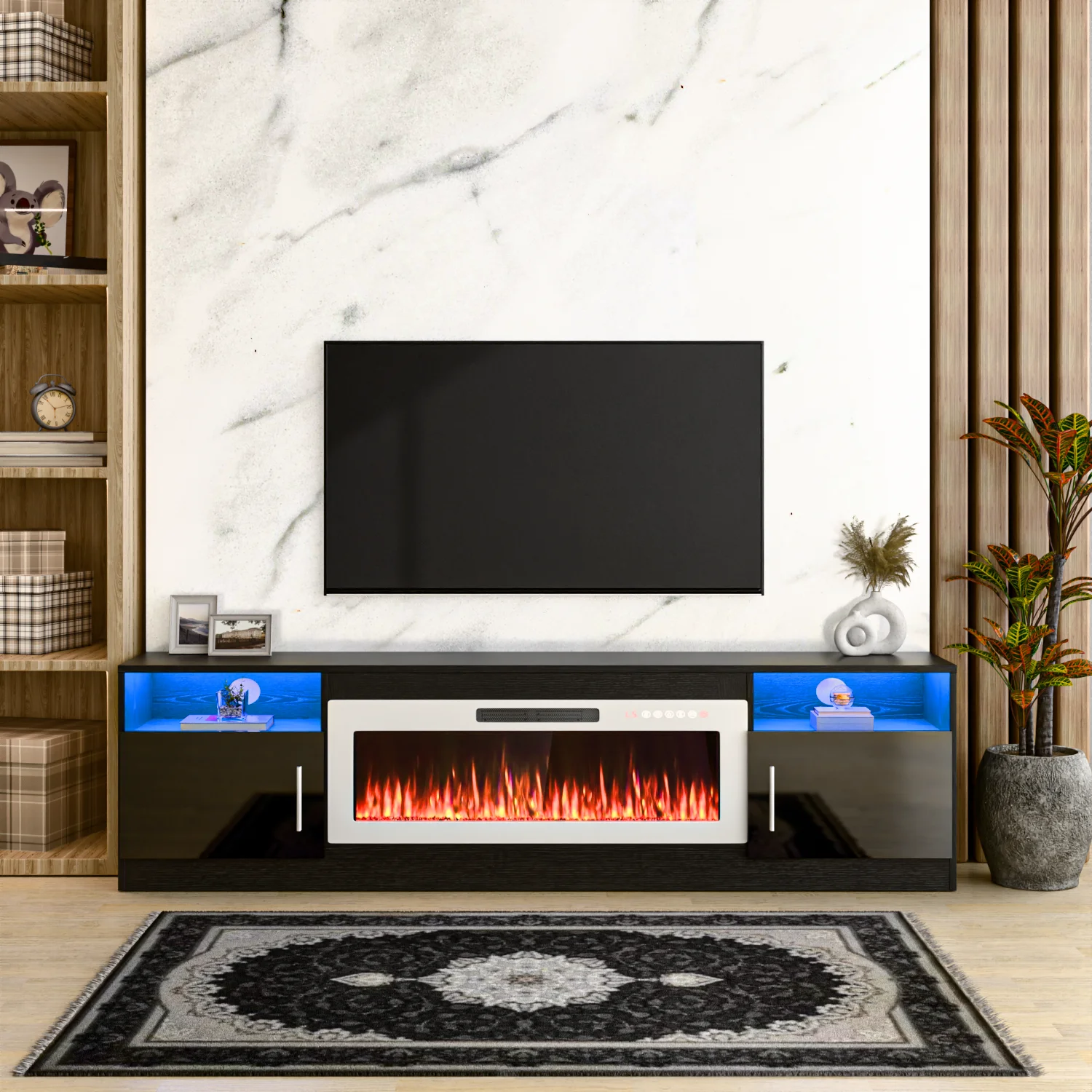 Waleaf Fireplace TV Stand with 36" Electric Fireplace Up to 80" TVs, Modern Wood Media TV Console with Highlight Cabinet, White - Image 21