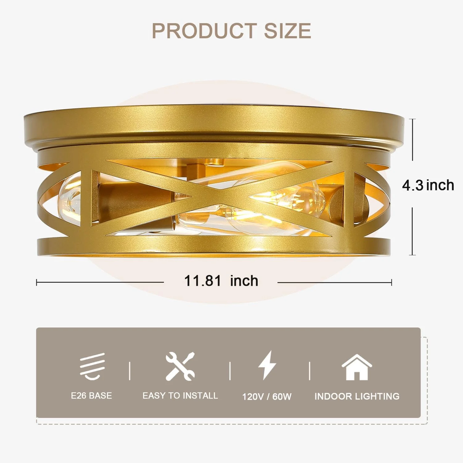 Gold Flush Mount Ceiling Light Fixture, 3-Lights Hallway Ceiling Lighting, Farmhouse Ceiling Mount Lights for Kitchen Entryway Bathroom - 2 Pack