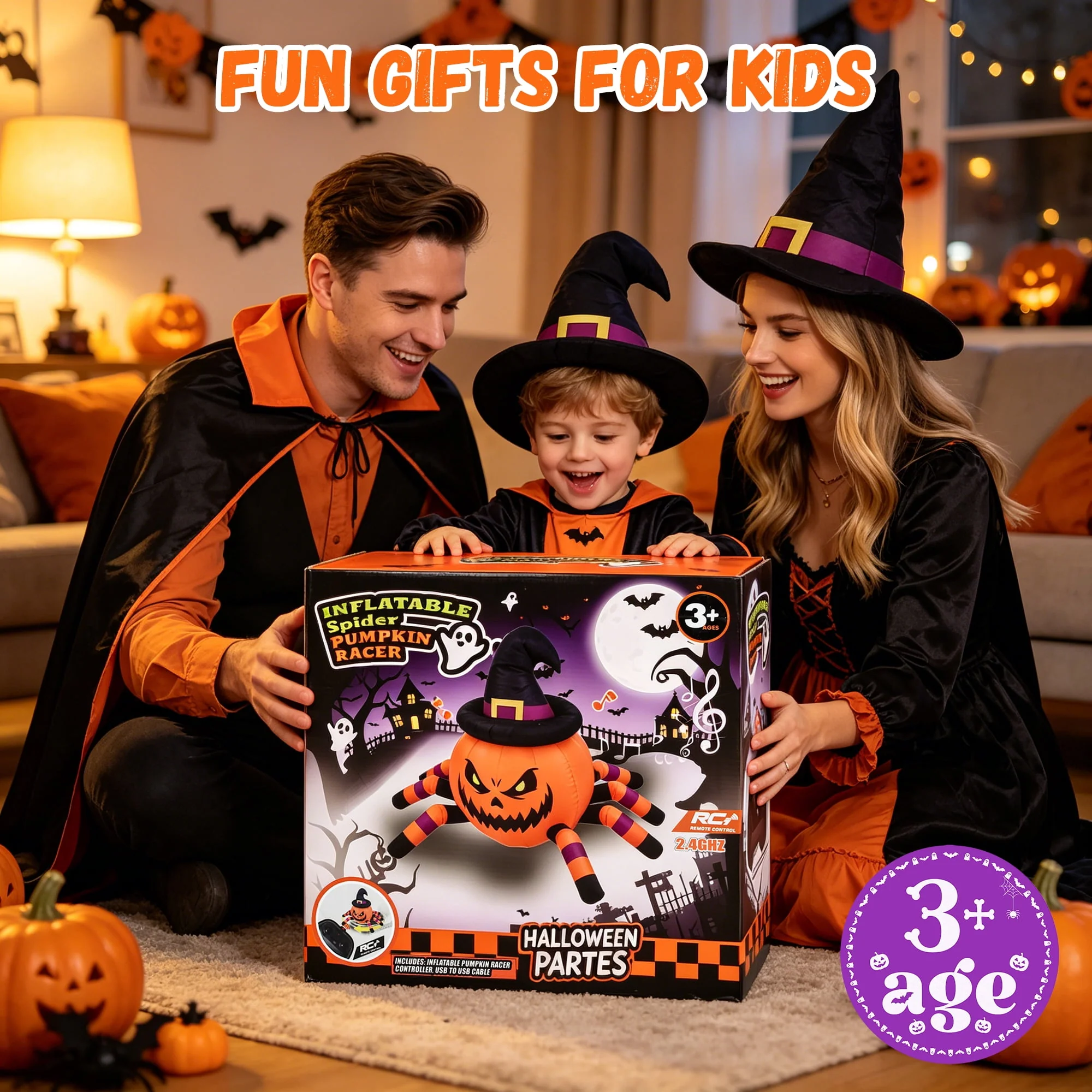 Firstness 2.4GHz Remote Control Car Halloween Inflatable Pumpkin Spider Blow ups Rc Car 360° Rotation, 3 Music and LED Lights, Aged 3+ - Image 9 Firstness 2.4GHz Remote Control Car Halloween Inflatable Pumpkin Spider Blow ups Rc Car 360° Rotation, 3 Music and LED Lights, Aged 3+ - Image 9