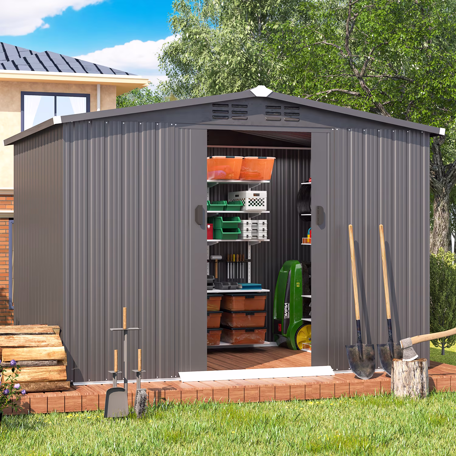 U-MAX 8 x 6 ft. Wood Grain Outdoor Metal Storage Shed with Lockable Door Patio Garden Storage Building for Outside - Image 3
