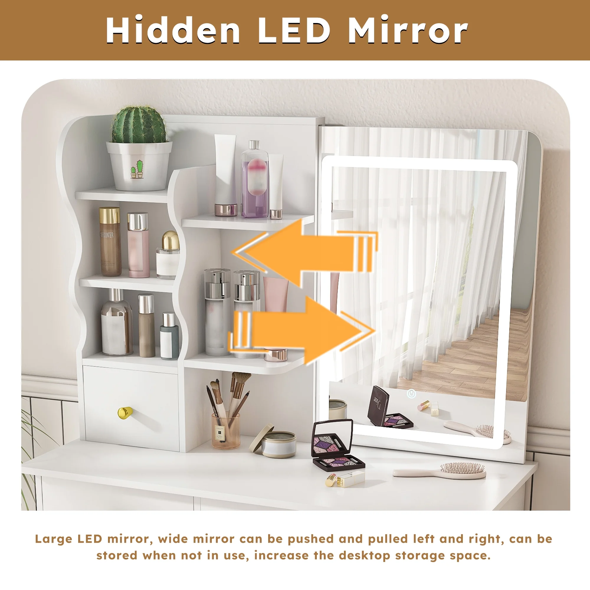 Montary Modern Mini Vanity w/Adjustable LED Mirror + Hidden Storage, Padded Stool & Dustproof Shelves (White) - Image 38