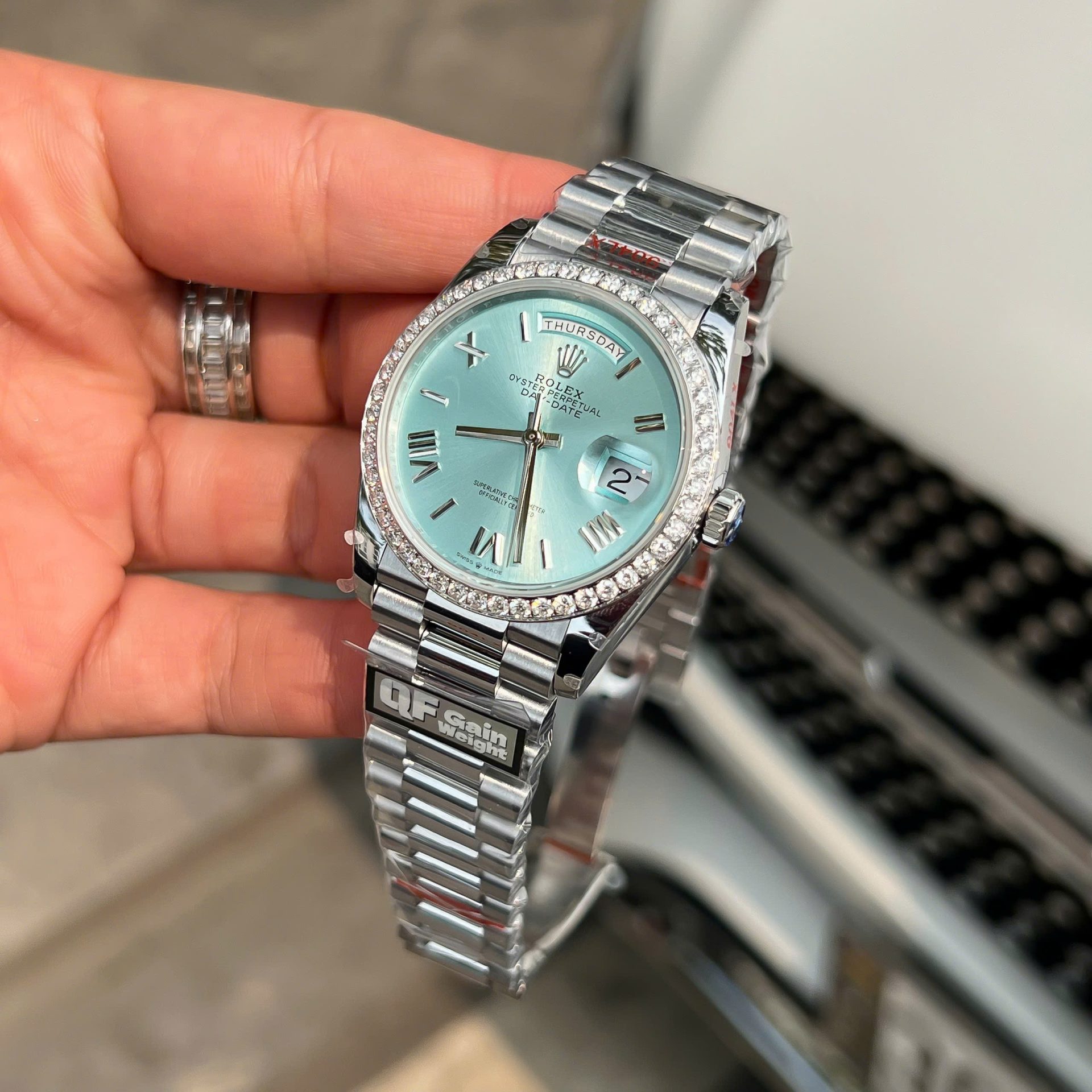Rolex Replica Watches Watch Day-Date Ice Blue Weight 158Grams Bezel Diamonds Moissanite QF 36mm - Elite Watch Atelier