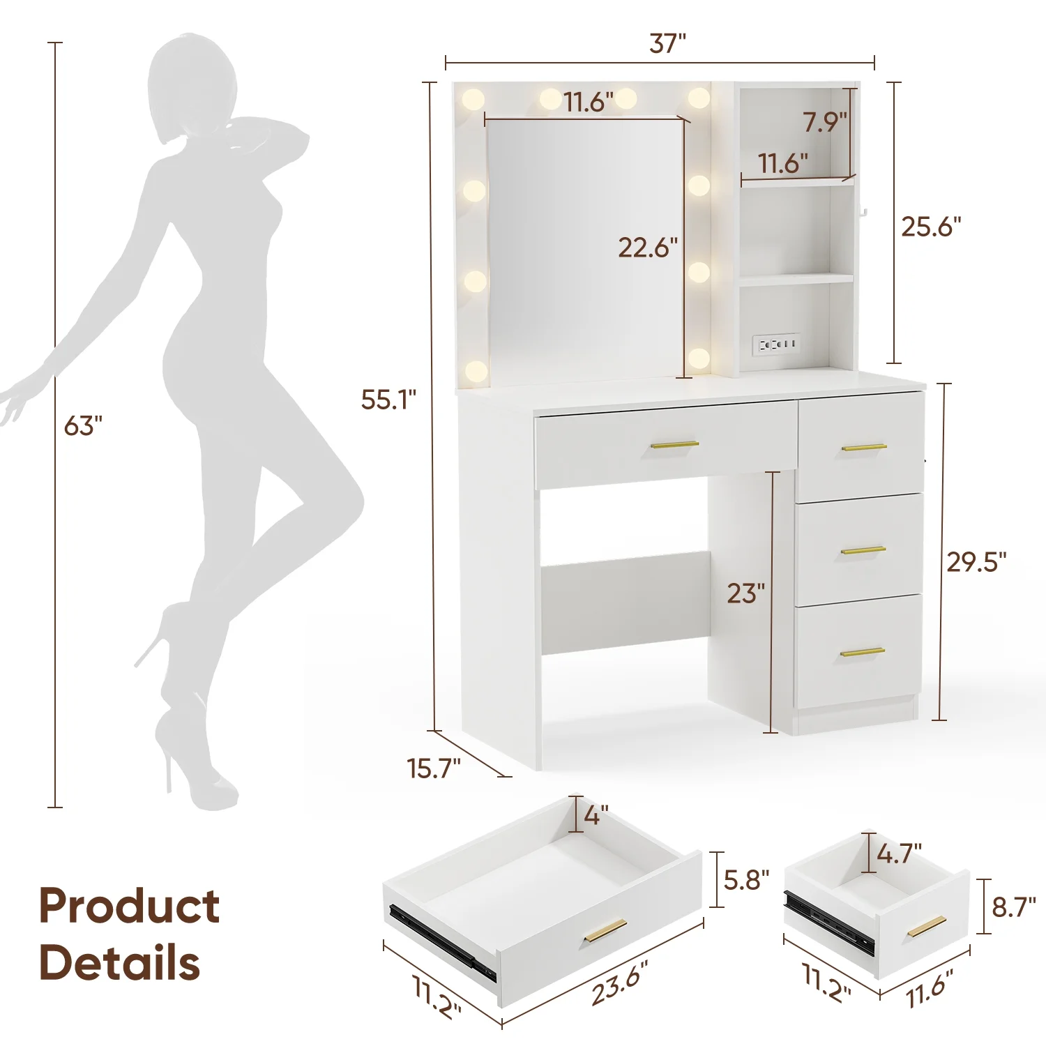 Makeup Vanity with Mirror and 3 Color Lights,Vanity Dressing Table with USB Charging Station,4 Drawers,Open Storage Shelves,White - Image 4