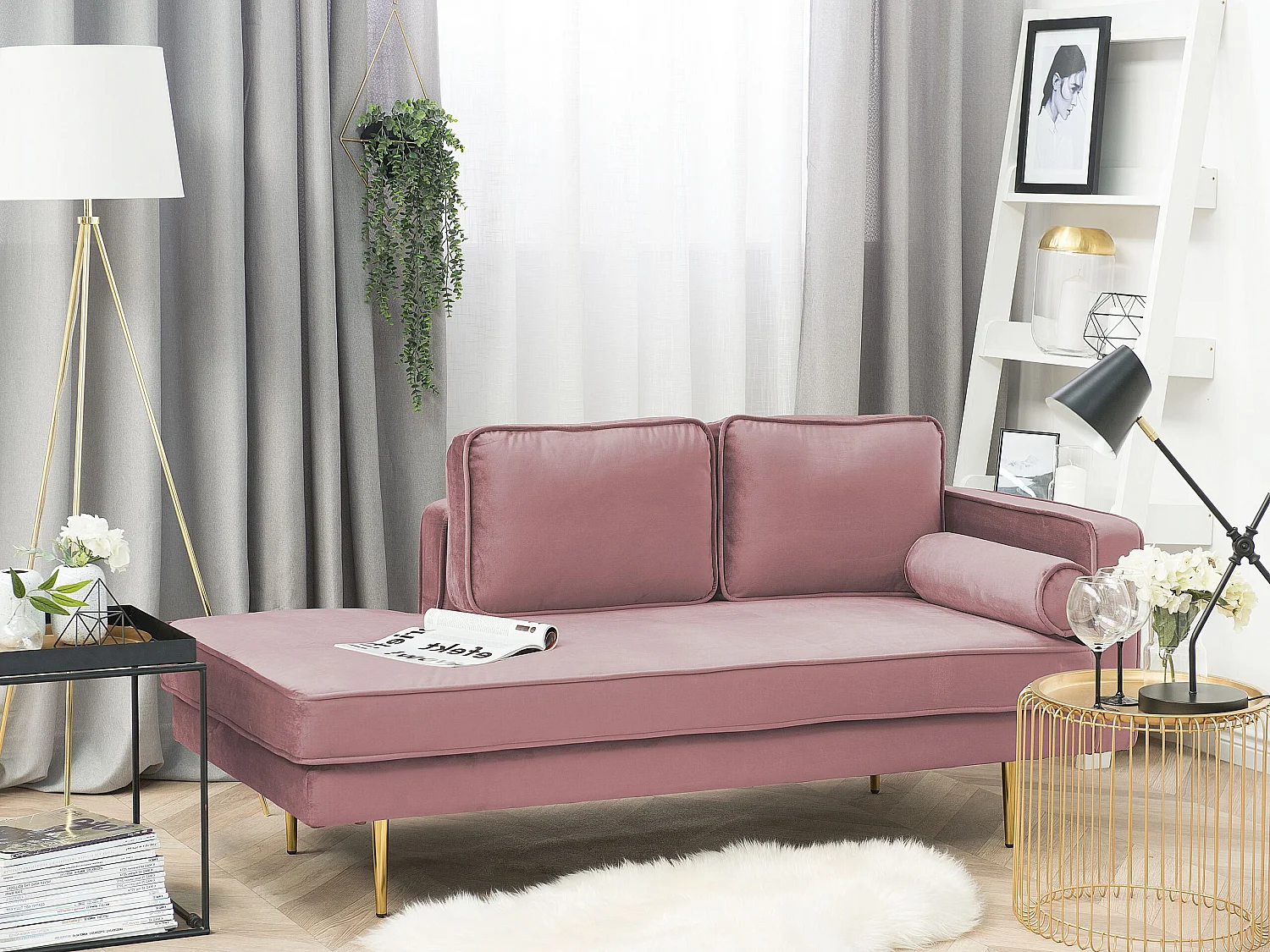 Chaise longue côté droit MIRAMAS Velours Rose