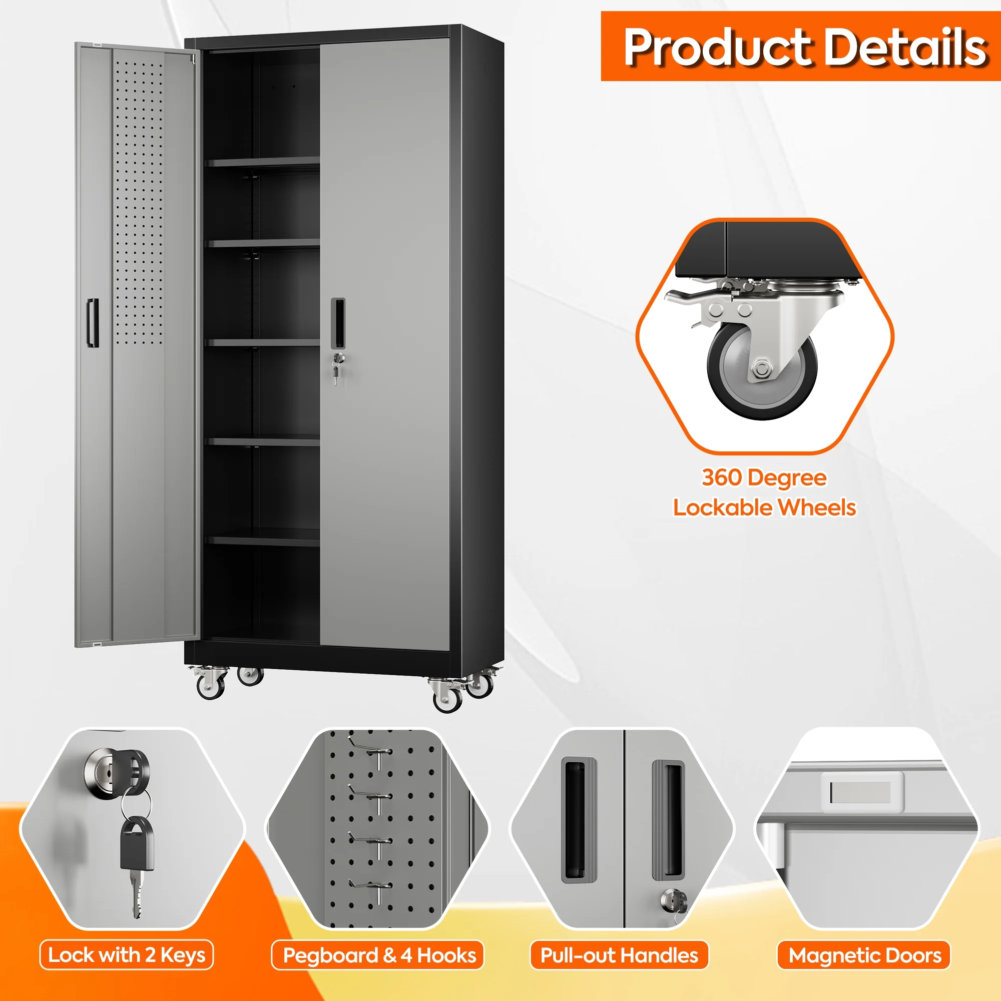GangMei 71 inches Tall Metal Rolling Garage Storage Cabinets with Locking Doors and 5 Adjustable Shelves, Metal Storage Cabinet for Garage, Office, Home, Classroom, Assemble Required(Black) - Image 36