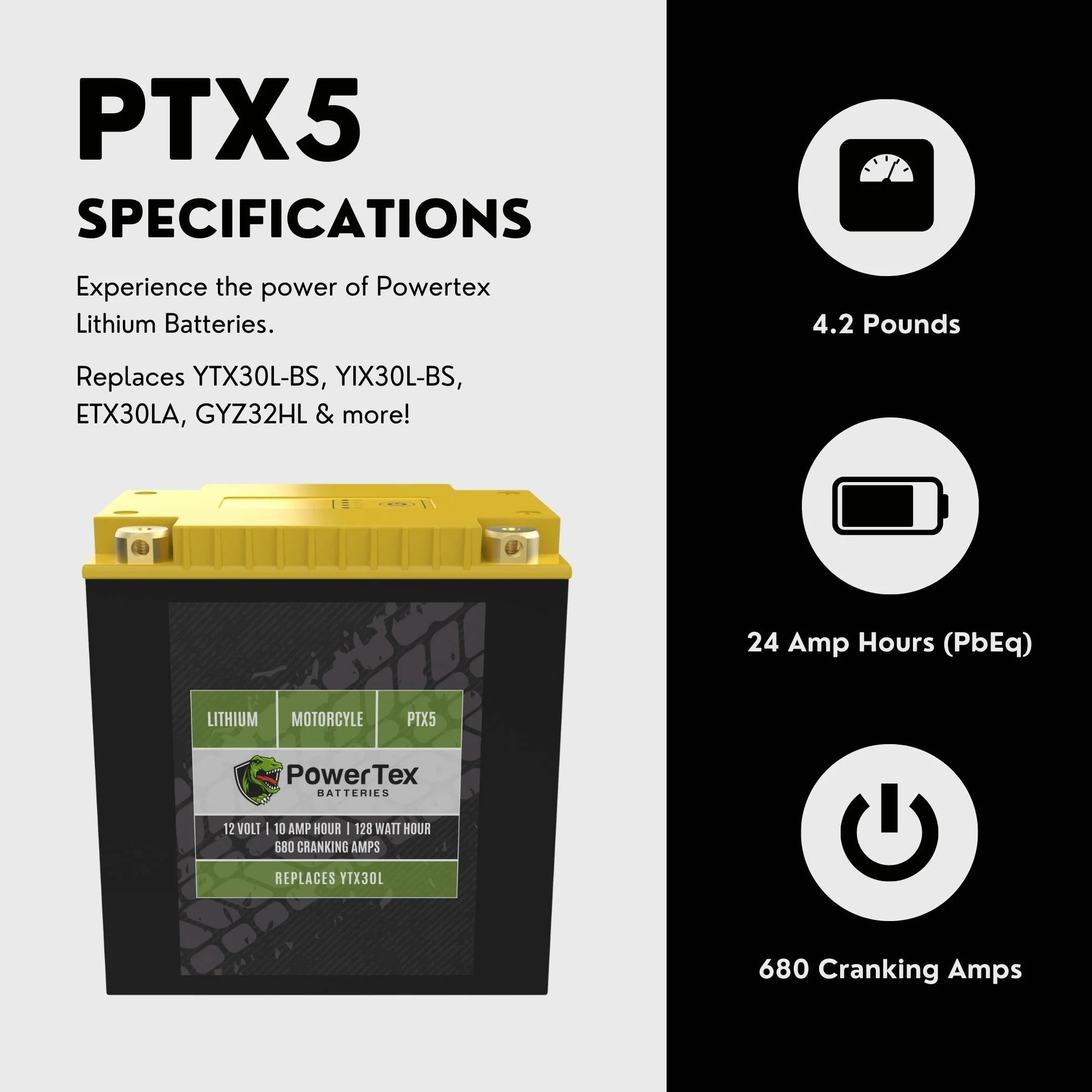 Powertex Motorcycle YTX30L-BS Lithium Battery Replacement �C Advanced BMS, 680 CCA, Internal Jump-Start, Capacity Display, 4-Terminal Design, Performance & Lightweight