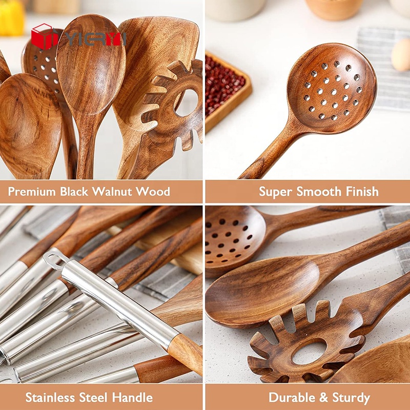 8 Piece Wood Cooking Kitchen Camping Utensil Set With Stainless Steel Holder