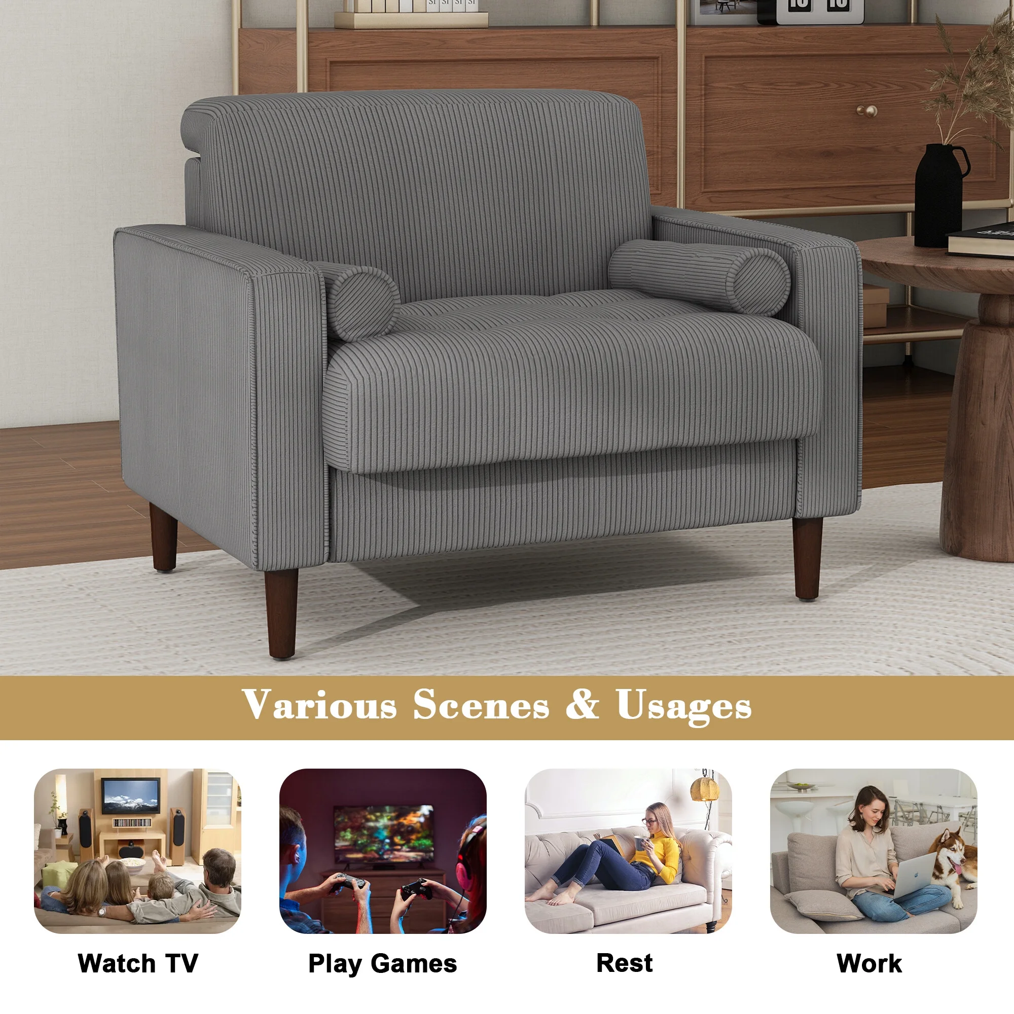 UIXE Corduroy Accent Chair Modern Upholstered Arm Chairs Comfy Reading Armchair with Pillow Armrest Tufted Living Room Single Sofa Lounge Seat, Yellow - Image 30