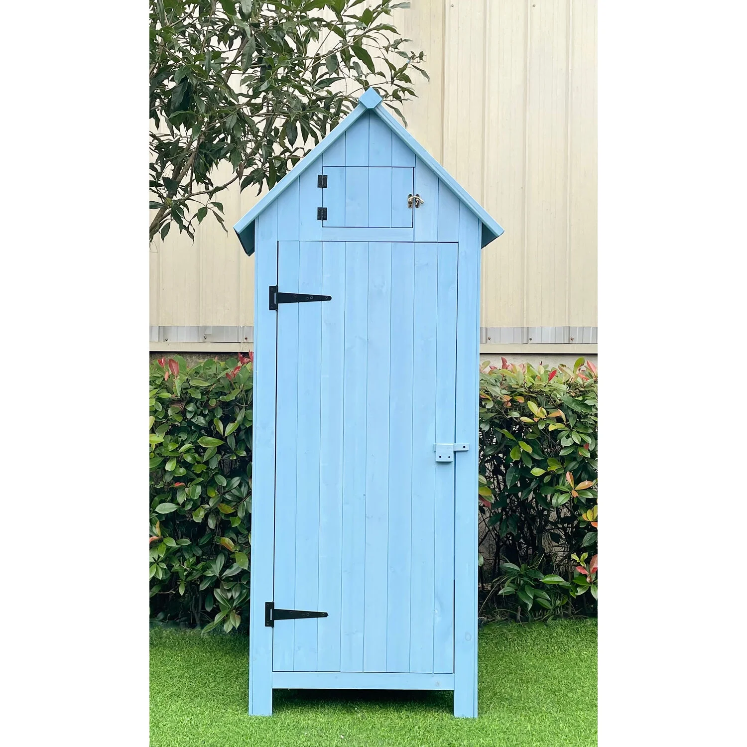 Hanover Sturdy Durable Waterproof Wood Outdoor Vertical Storage Shed, 70.40"x 30.30"x21.30", Blue - Image 5