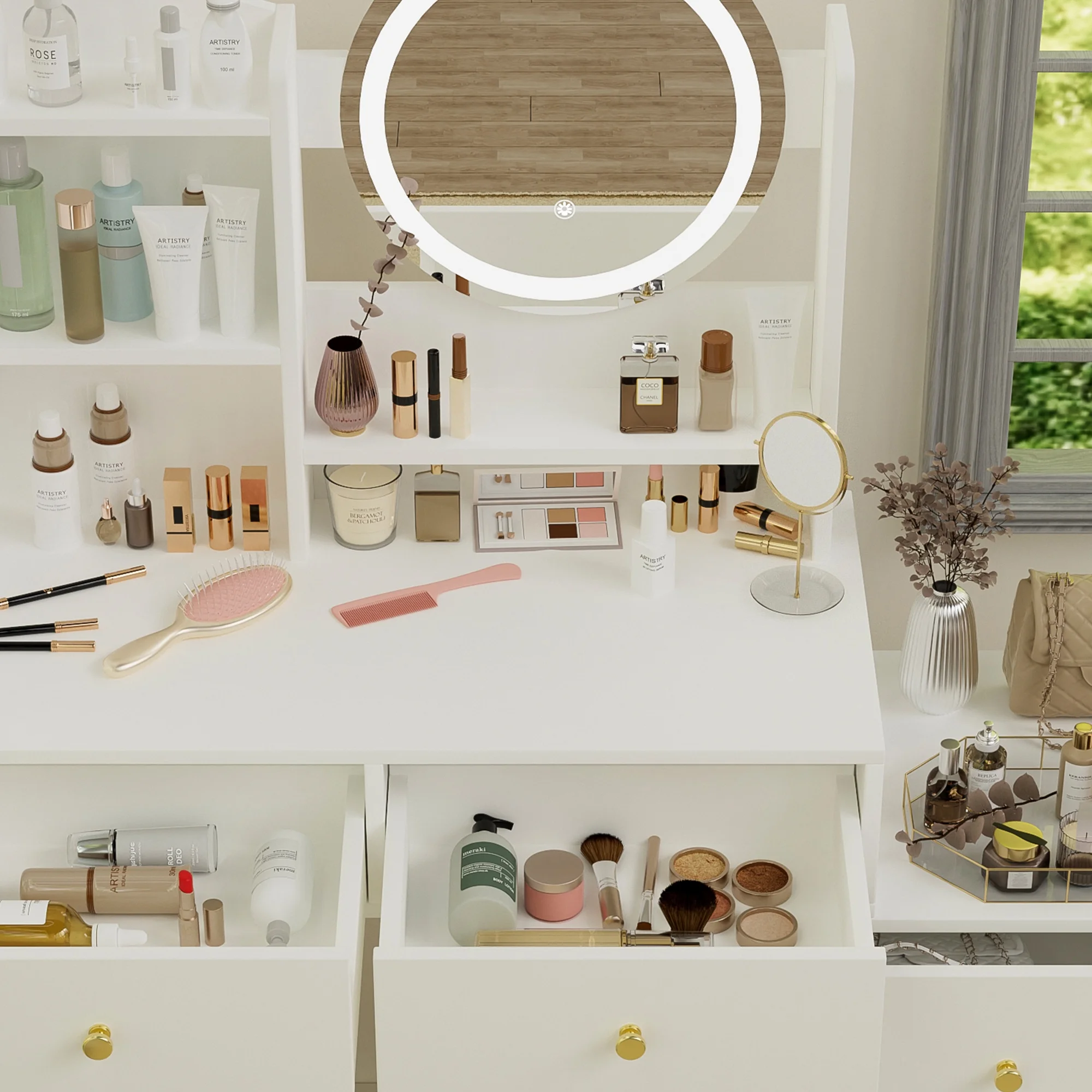Montary Modern Mini Vanity w/Adjustable LED Mirror + Hidden Storage, Padded Stool & Dustproof Shelves (White) - Image 73