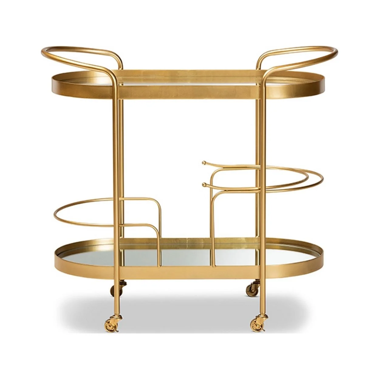 Baxton Studio Kamal Modern and Contemporary Glam Brushed Gold Finished Metal and Mirrored Glass 2-Tier Mobile Wine Bar Cart