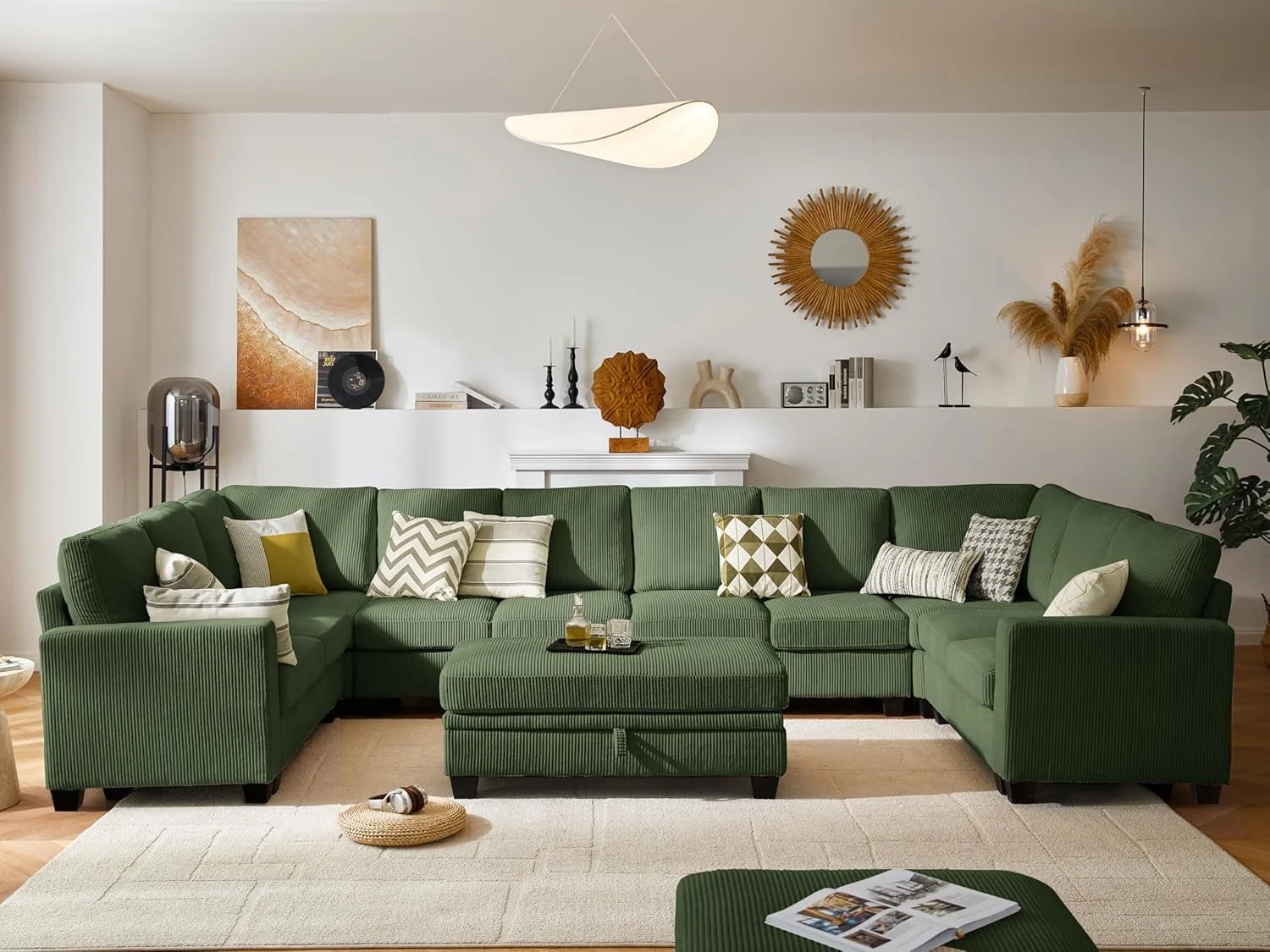 CHIC HOUSE 154.5" Sectional Sofa with Storage Ottoman Chaise, Corduroy U Shaped Sofa Convertible Sectional Couches for Living Room, 12 Seater Corner Modular Sofa with Deep Seat Throw Pillows, Green - Image 8