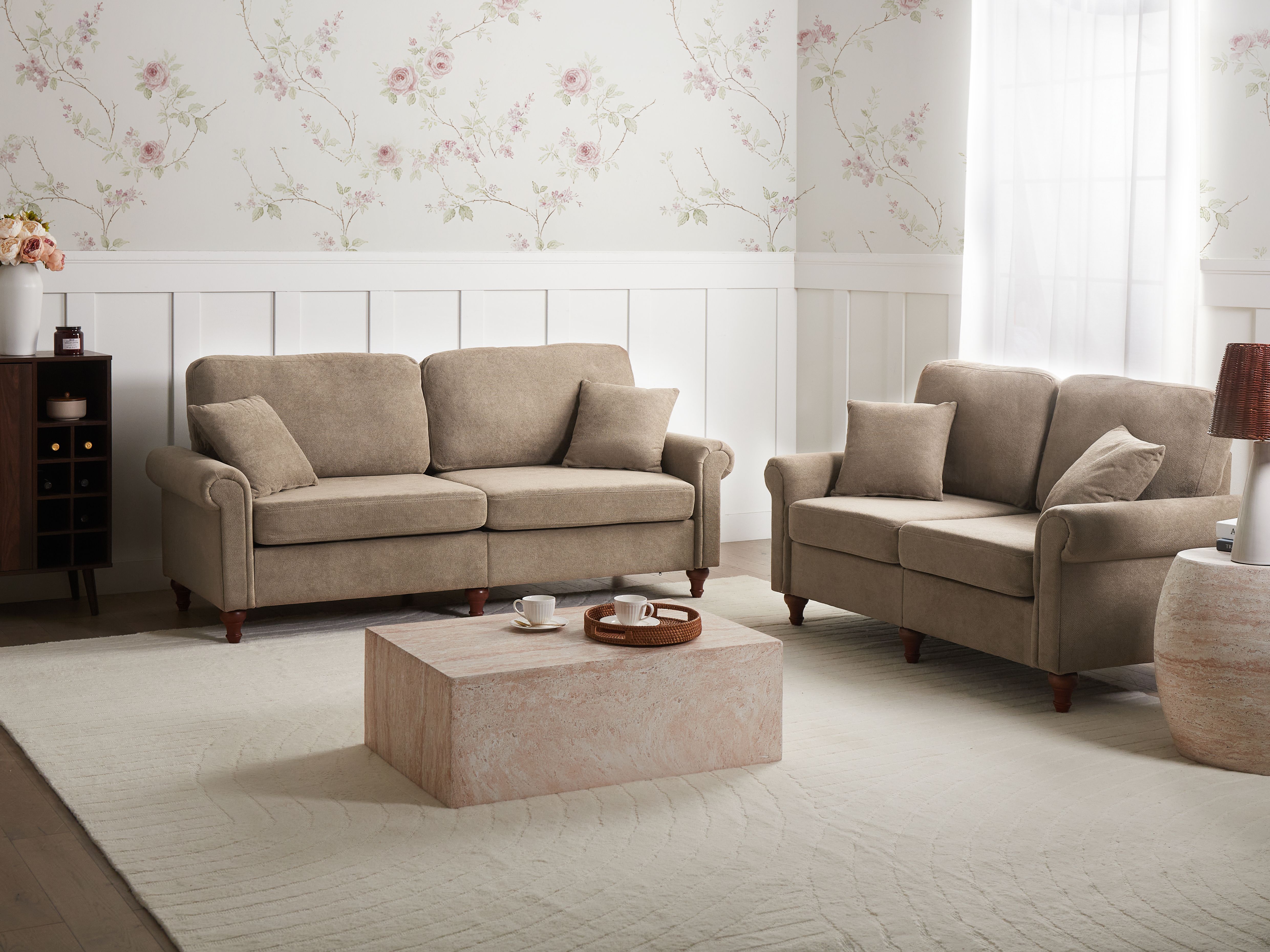 Living Room Set 5 Seater GINNERUP Fabric Brown
