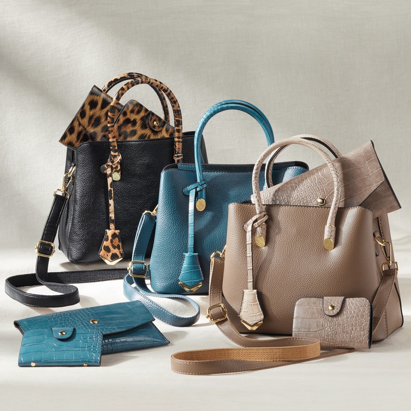 3-Piece Faux Leather Satchel Set with Croco-Embossed Accessories - MIDNIGHT VELVET CATALOG