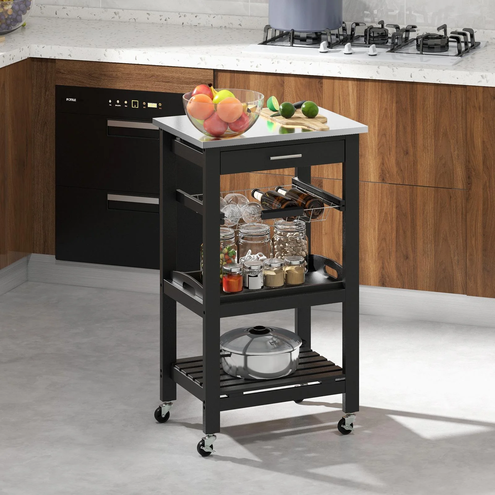 Giantex Kitchen Island Cart, Utility Storage Trolley, Serving Tray & Slatted Shelf, Buffet Serving Cart w/Lockable Wheels for Dining Room, Black