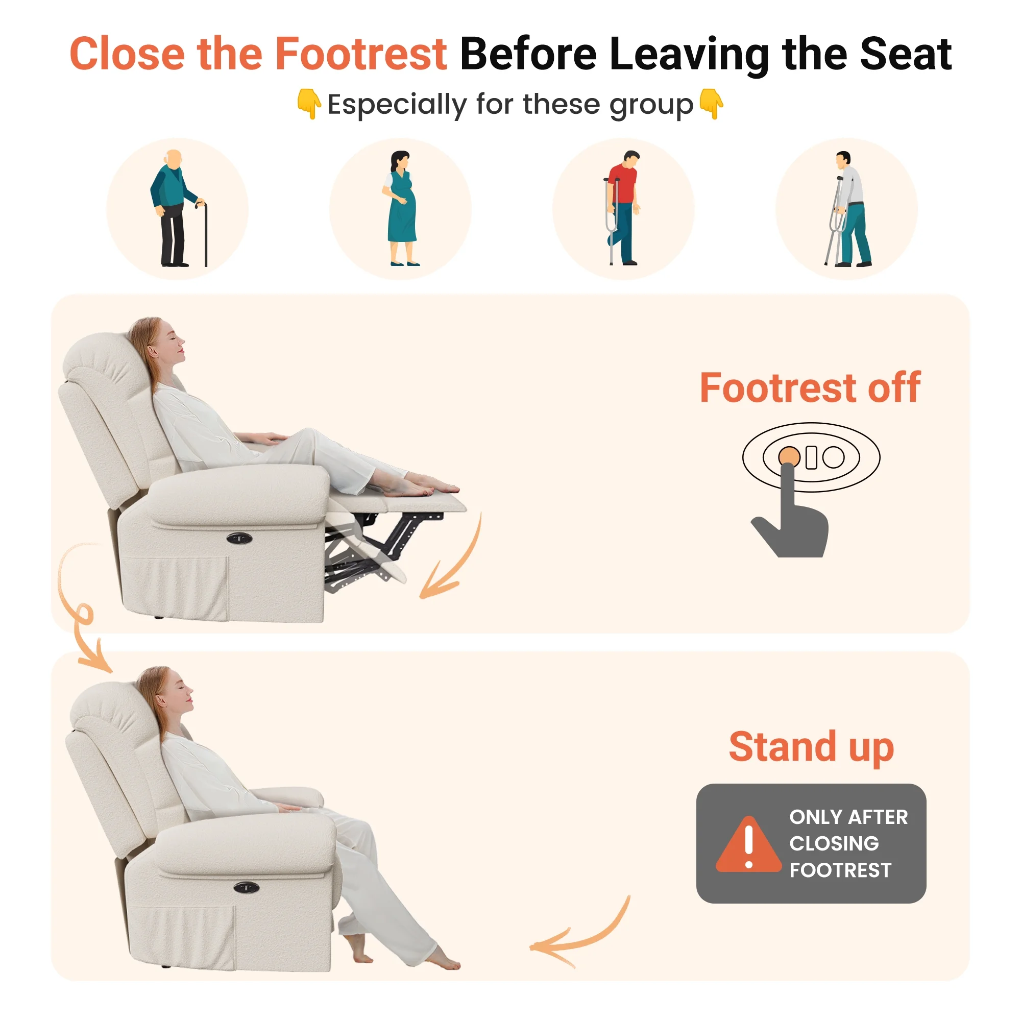Power Recliner Chair,Electric Recline Sofa Chair for Adults with USB Port,Comfy Teddy Fleece Adjustable Cloud Sofa,Tool-Free Setup,Beige White - Image 14