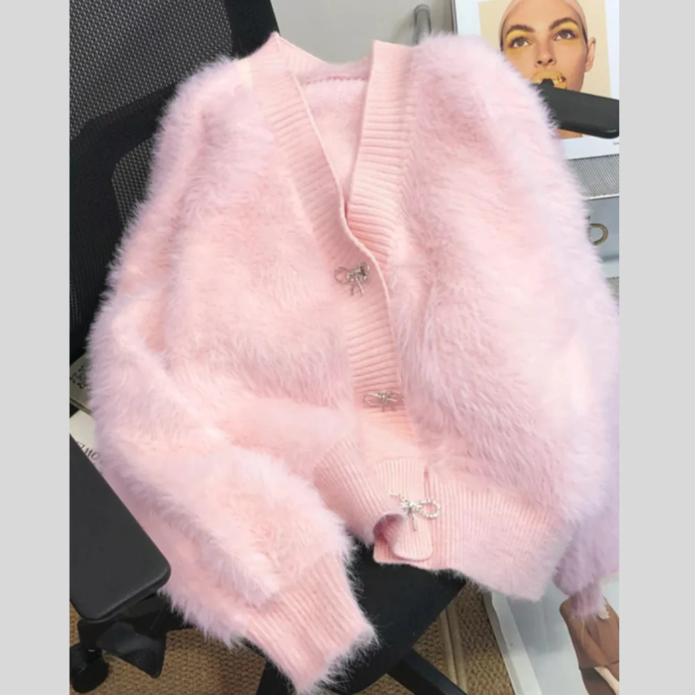 Fuzzy Bow Button Up Cardigan - ZKZOOK