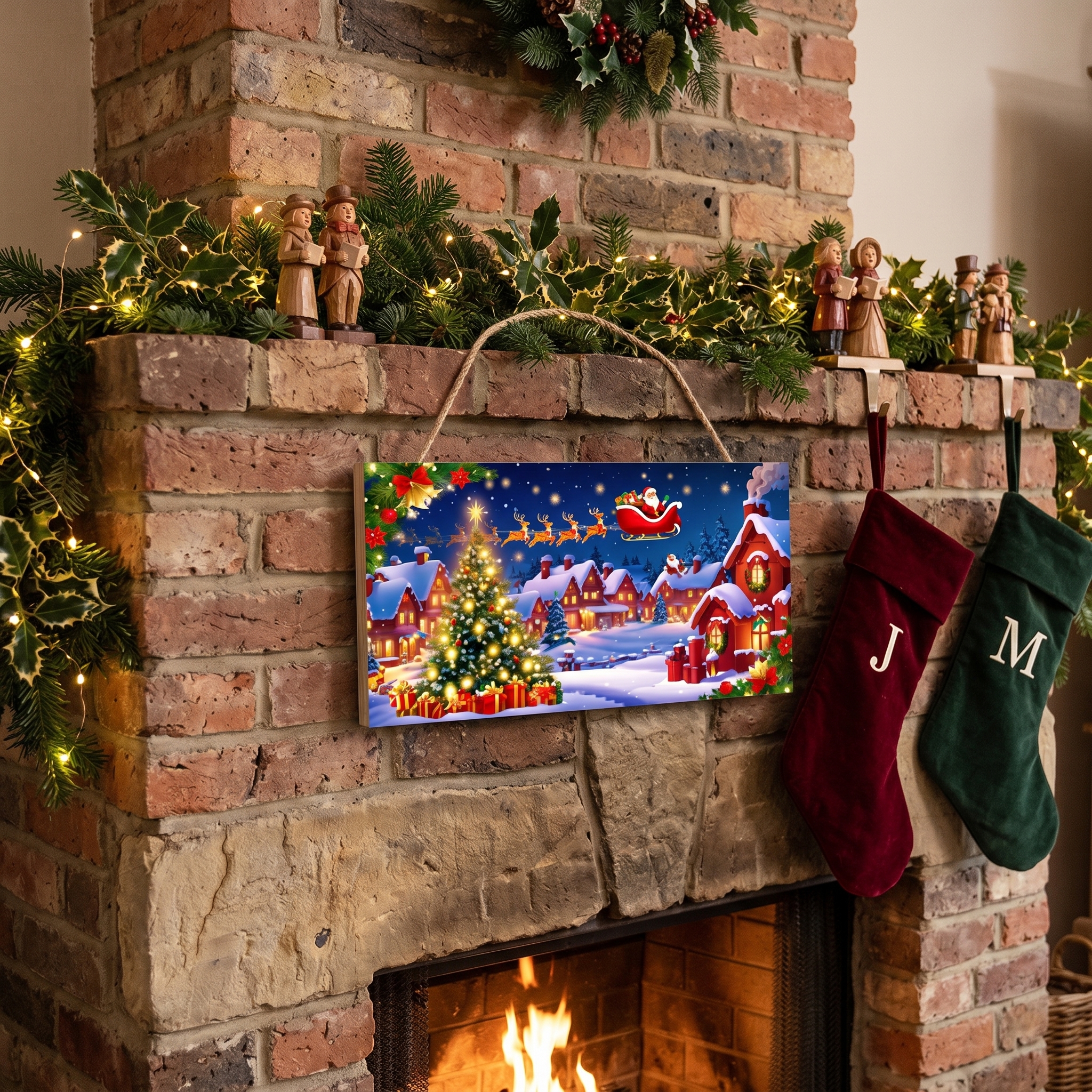 Personalized holiday mantel decor sign hanging above a lit fireplace