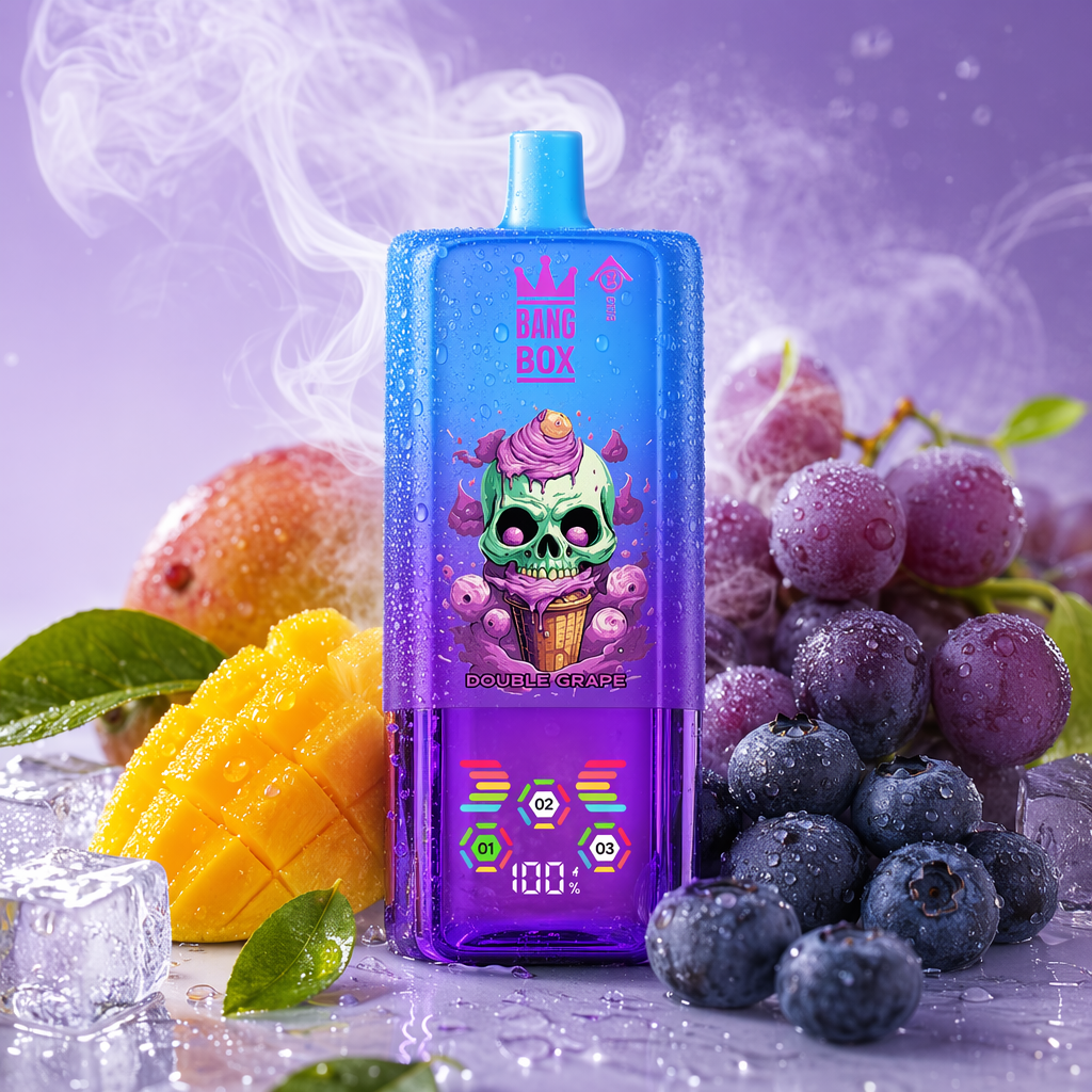 BANG BOX 80 000 puffów 3w1 – Double Grape; wskaźnik smaku 01/02/03 i poziom baterii