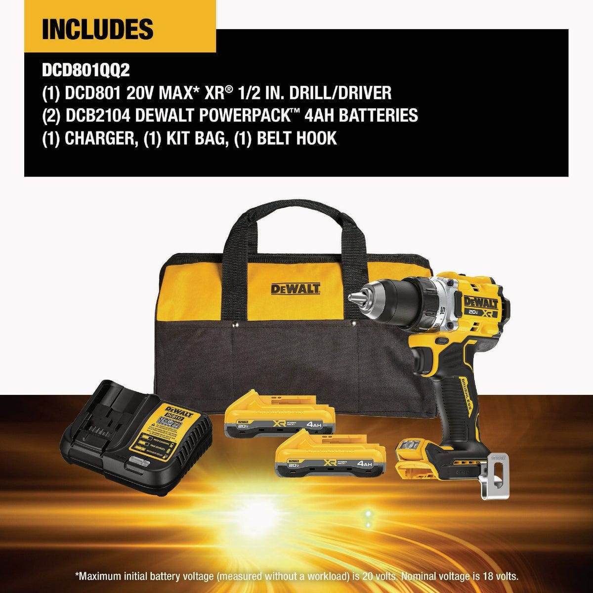 Dewalt 20V MAX* XR 1/2 In. Brushless Cordless Drill/Driver Kit with (2) POWERPACK Batteries & Charger