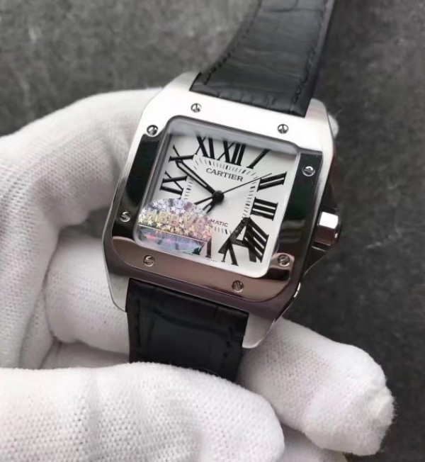 Replica Cartier Santos 100 33mm SS White Dial Black Leather Strap SEIKO NH05A - Top club