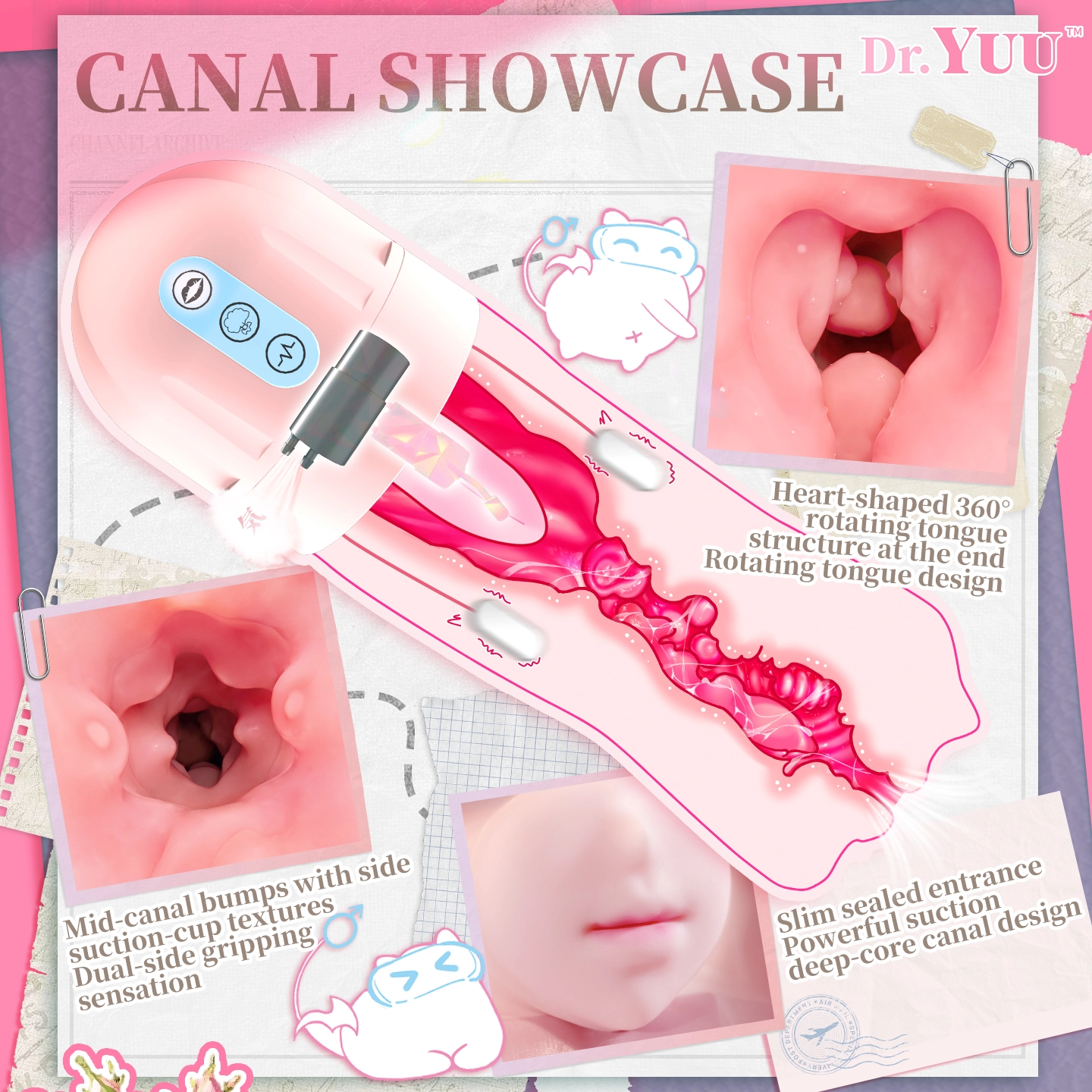 textured oral masturbator canal with sealed entry beads side suction cups and heart-shaped rotating tongue
