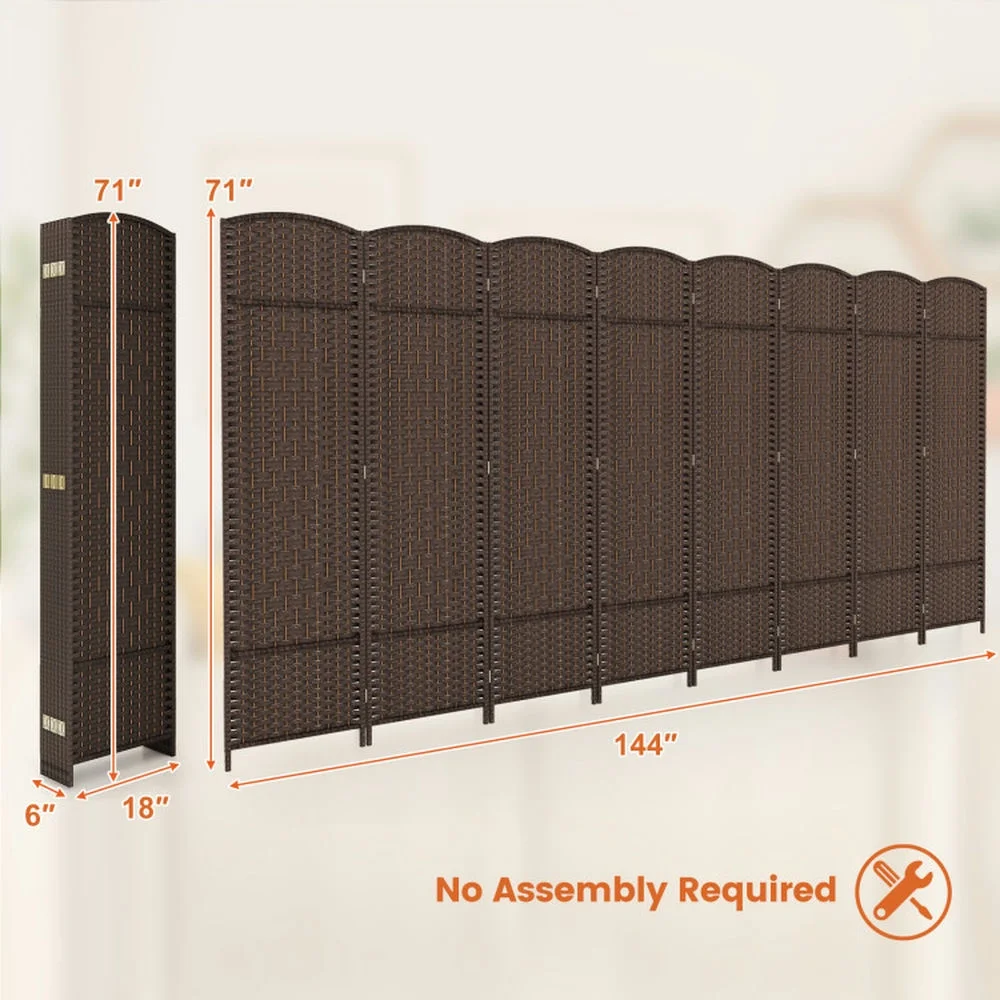 Spaco 8-Panel 8 Feet Tall Room Divider, Folding Room Divider with Hand-Woven Texture, Privacy Screen with Solid Wood Frame for Indoor, Brown