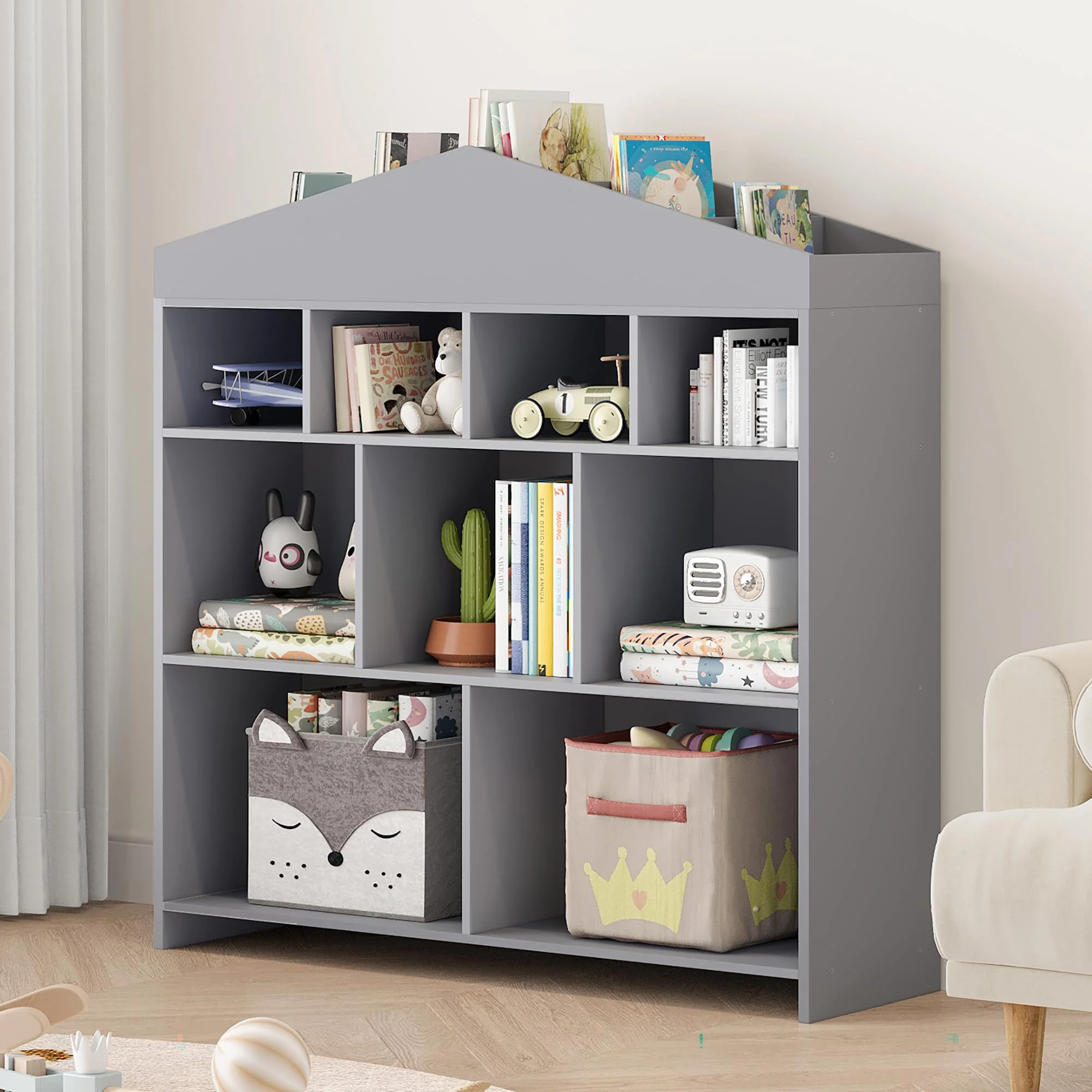 DSstyles Kids Bookshelf 9-Cubby Toy Storage Organizer White Bookcase Toddlers Playhouse Cabinet Shelf for Boys Girls Wooden Storage Toy Shelf for Playroom, Nursery, Kids Room - Image 16