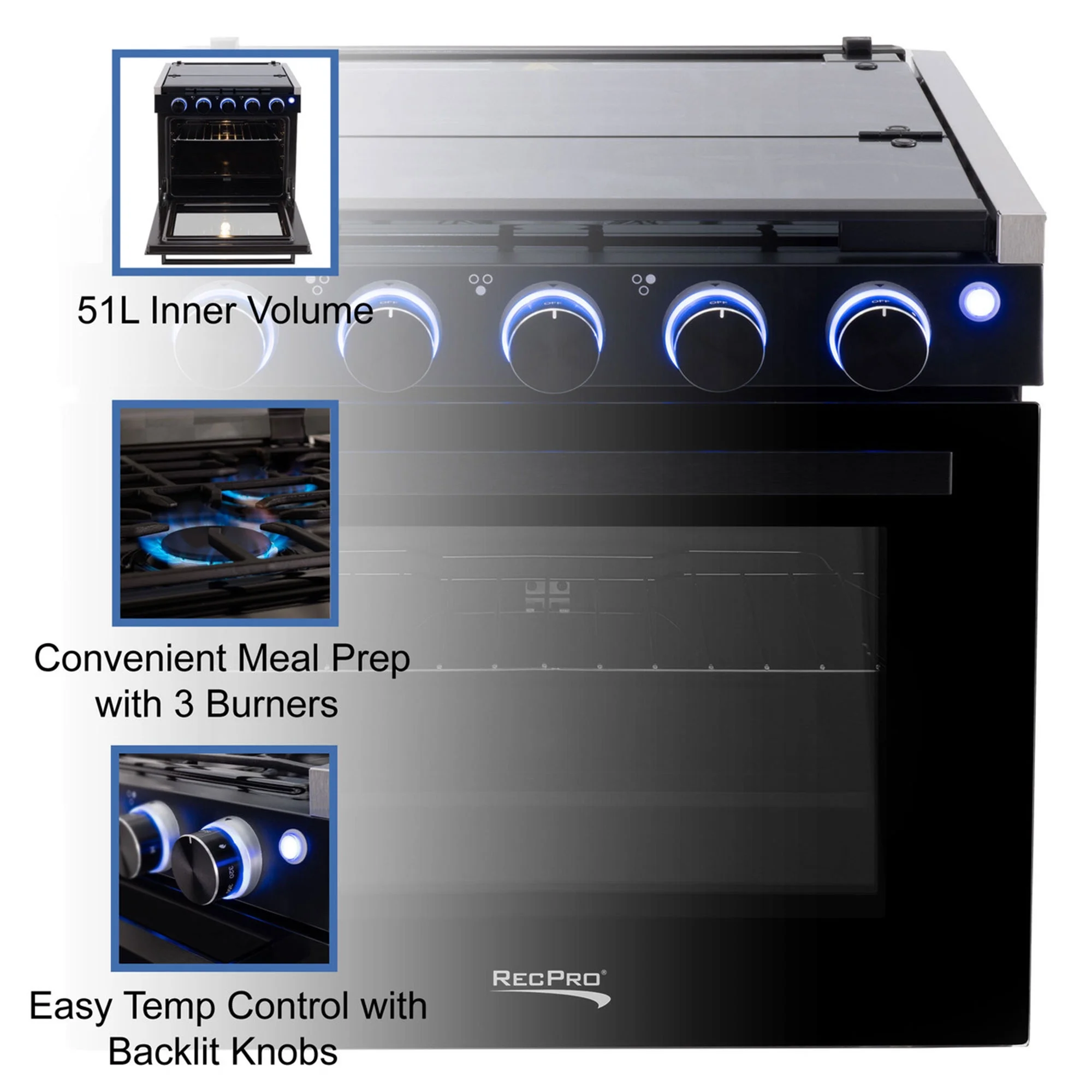 RecPro 21 Inch 3 Burner Propane RV Stove Gas Range without Hood, Black - Image 4