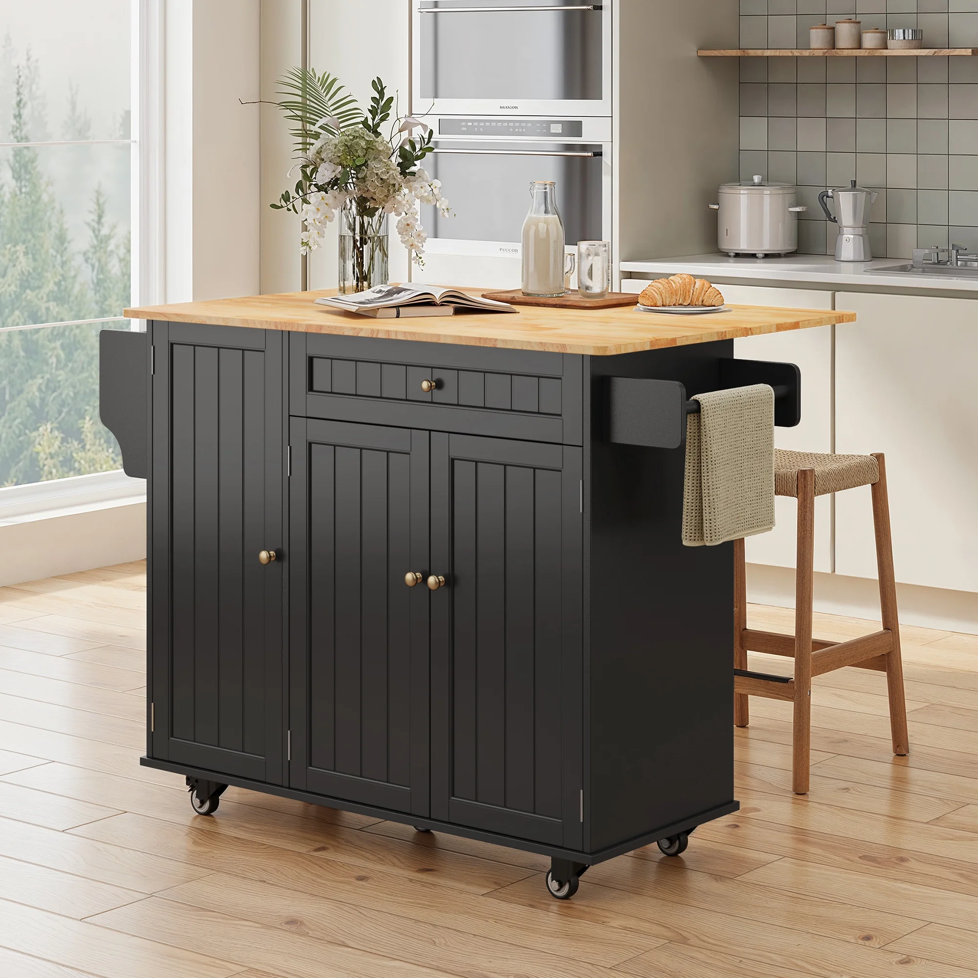 Noelse Kitchen Island with Storage, Island Table for Kitchen with Drop Leaf, Spice Rack, Towel Bar for Small Kitchens, White - Image 27