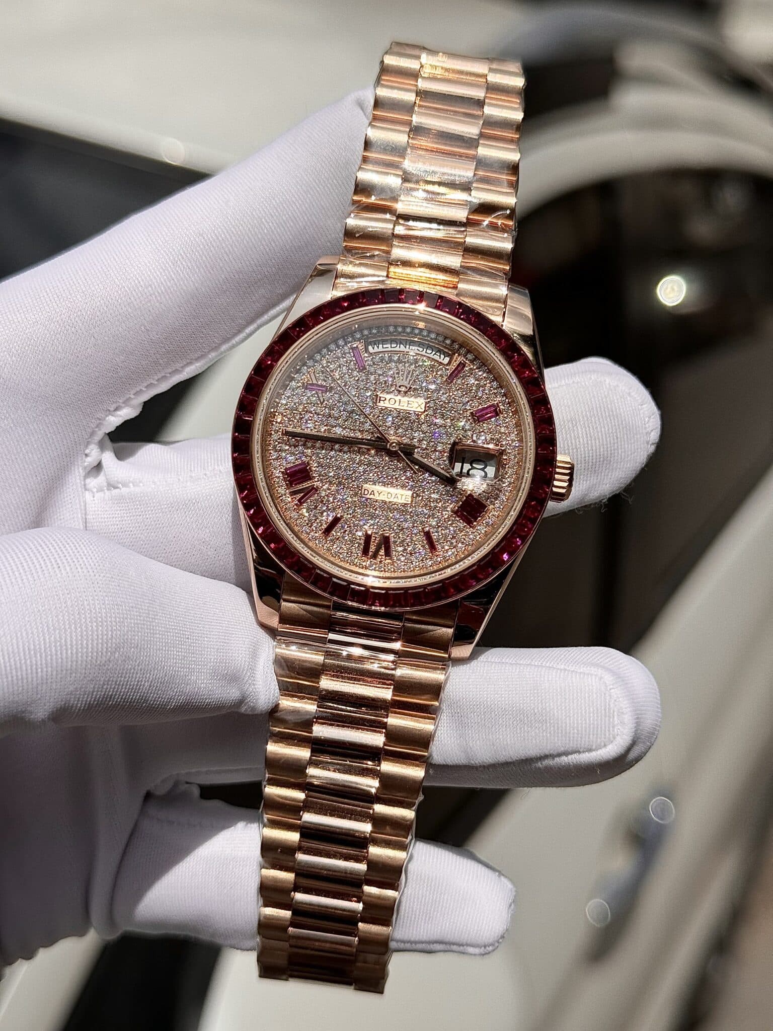Rolex Best Replica Watch Day-Date Custom Ruby Red   Baguette Moissanite Diamonds GM Factory 40mm - Elite Watch Atelier