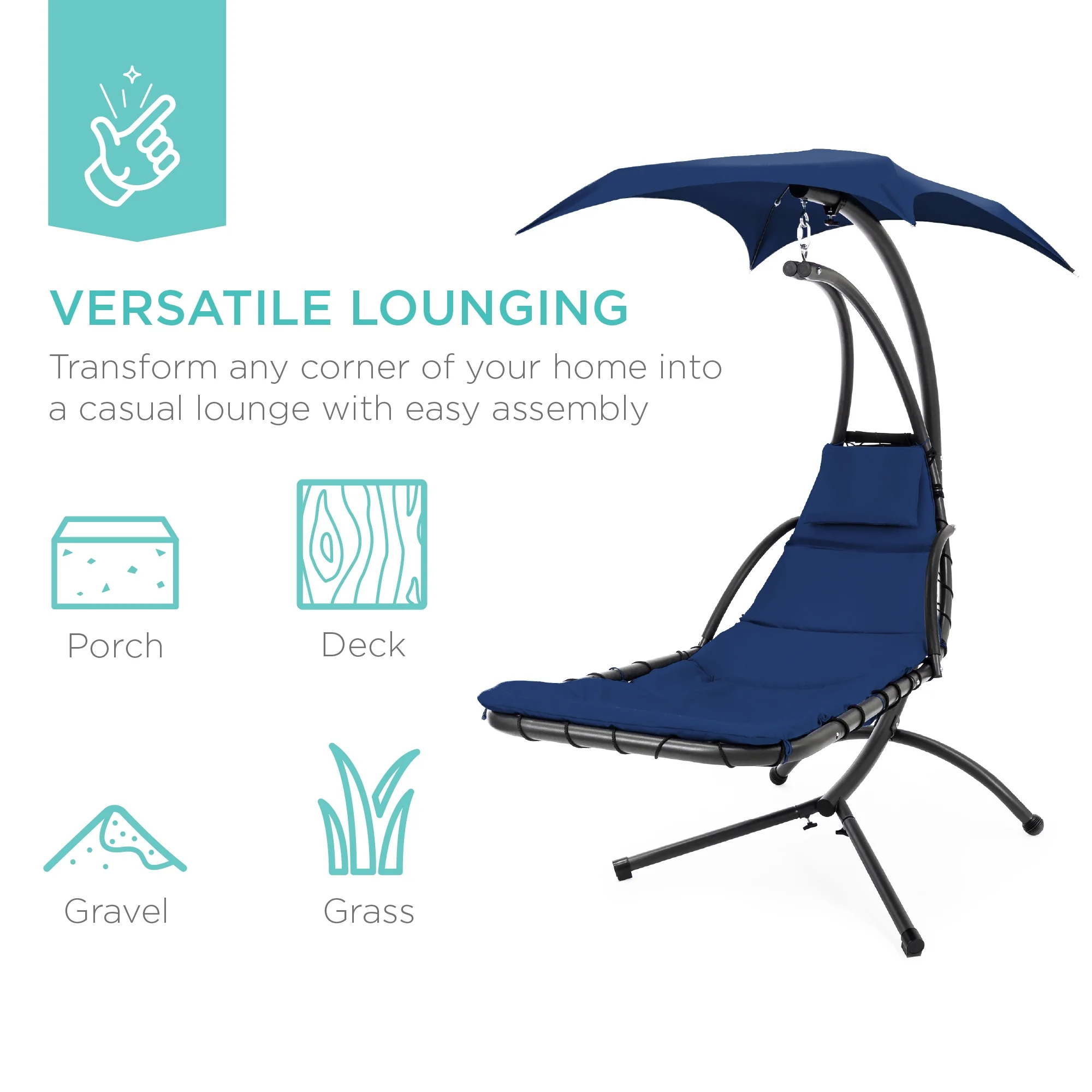 Best Choice Products Hanging Curved Chaise Lounge Chair Swing for Backyard, Patio w/ Pillow, Shade, Stand - Teal - Image 102