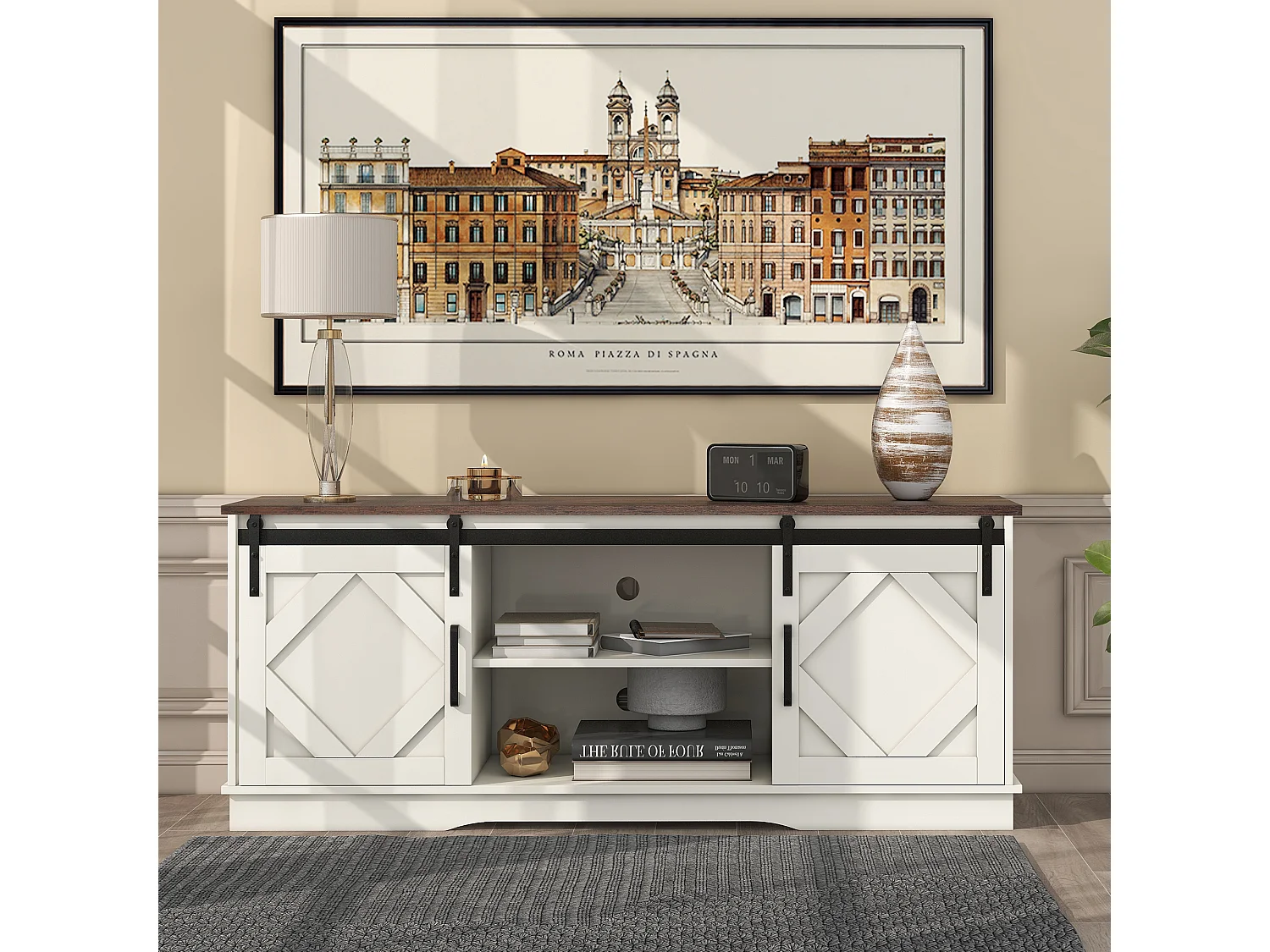 meuble TV moderne - 150 x 40 x 60 cm - avec 2 portes coulissantes + étagères réglables - aggloméré - blanc + marron