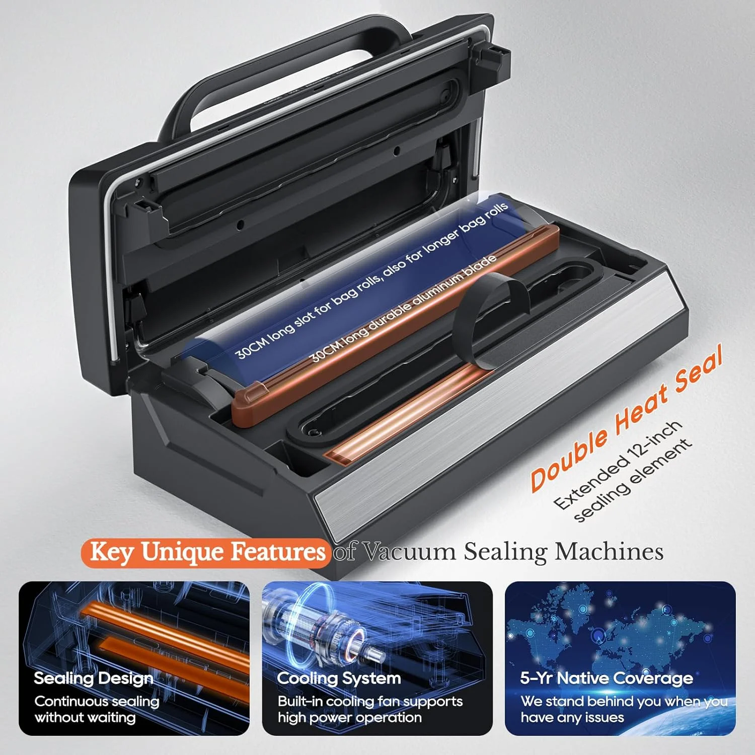 Upgraded Vacuum Sealer for Liquid, 90Kpa Vacuum Sealer Machine for Dry/Moist/Liquid Food, Easy-Lock Handle, Double Heat Seal, Built-in Cutter and Bag Storage & Removable Drip Tray - Image 4