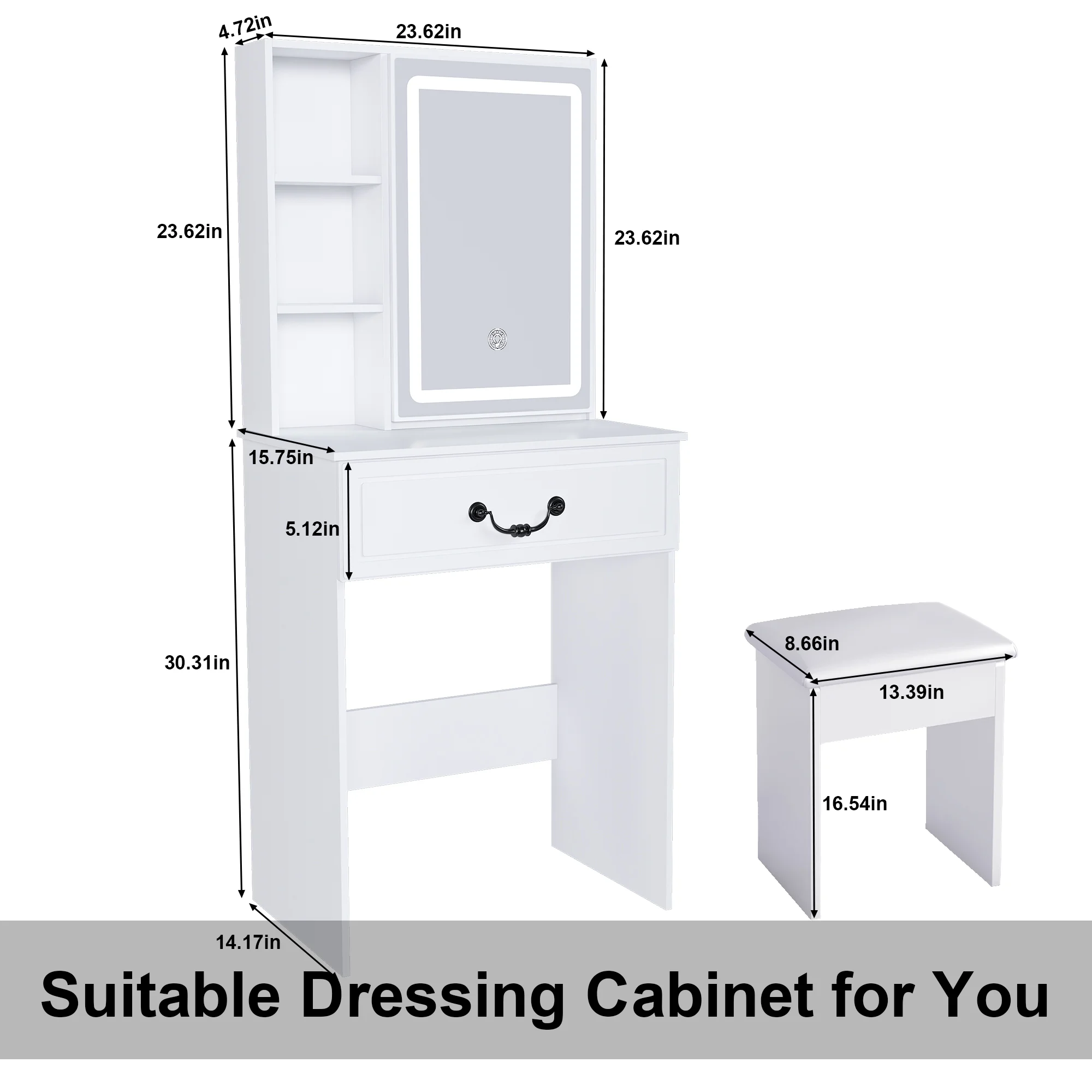 Montary Modern Mini Vanity w/Adjustable LED Mirror + Hidden Storage, Padded Stool & Dustproof Shelves (White) - Image 6