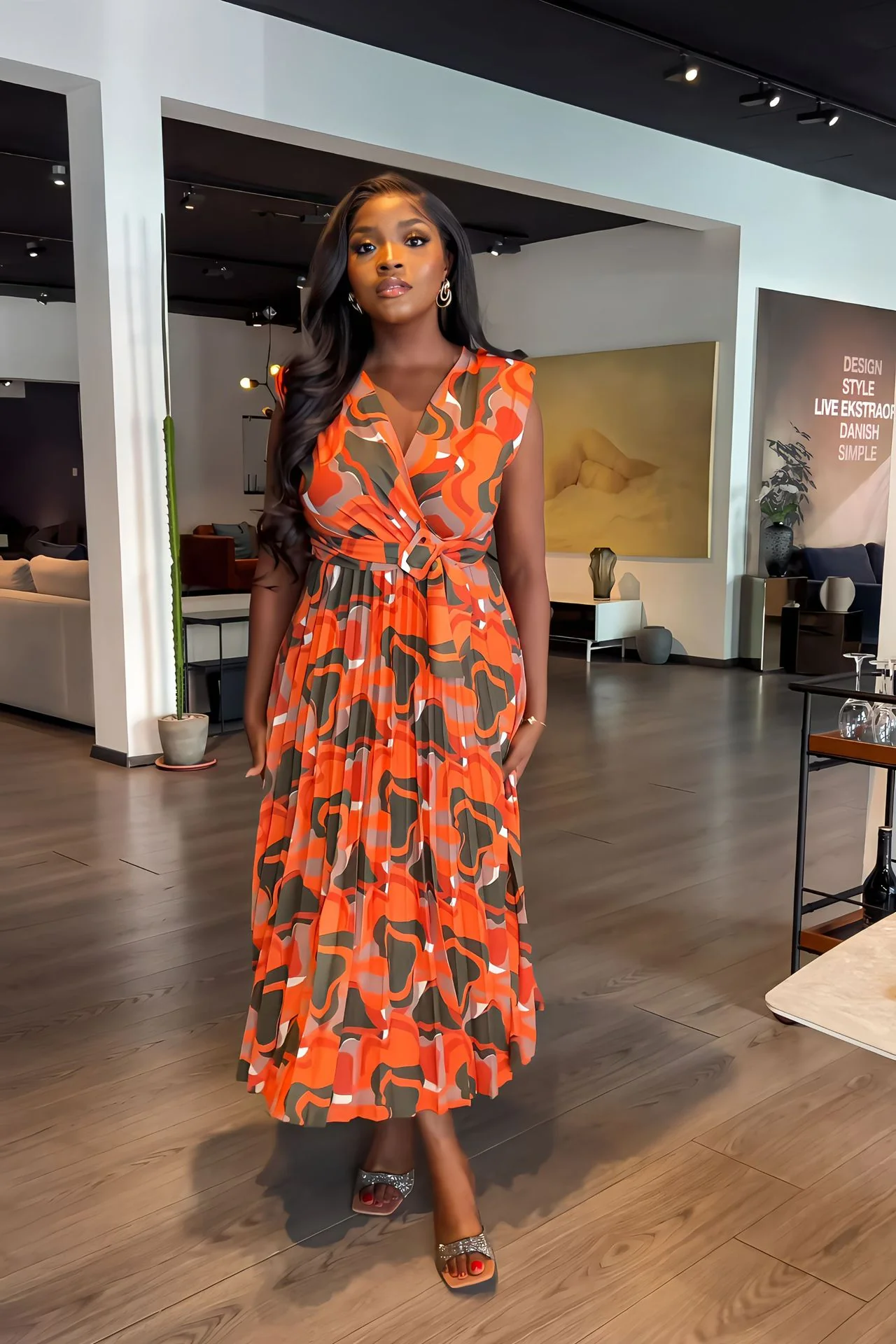 V Neck Sleeveless Padded Shoulder Casual Printed Office All Matching Pleated Waist Dress - AZJHJ