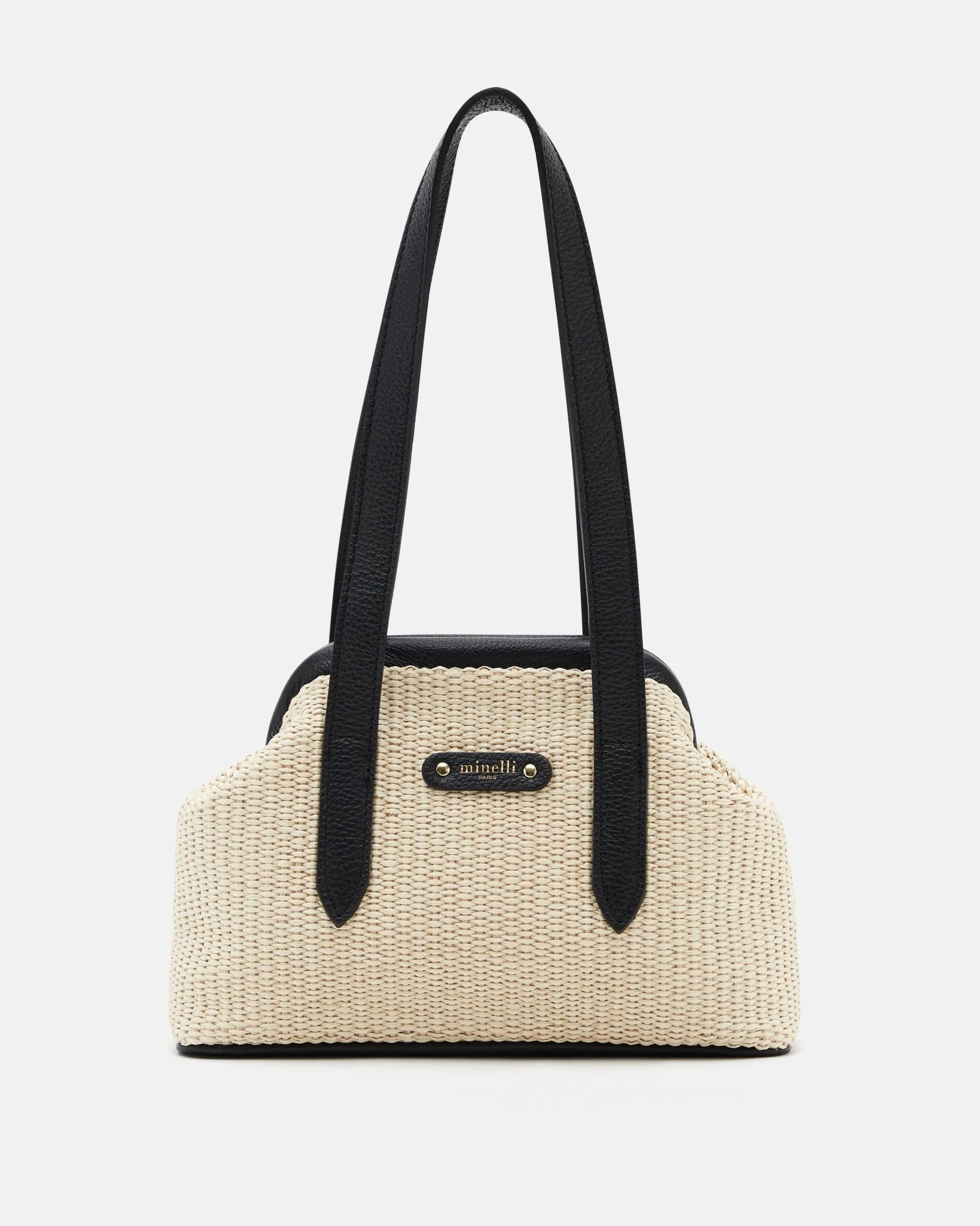 SAC ANICE NATUREL NOIR - Sac porté épaule en paille et cuir noir