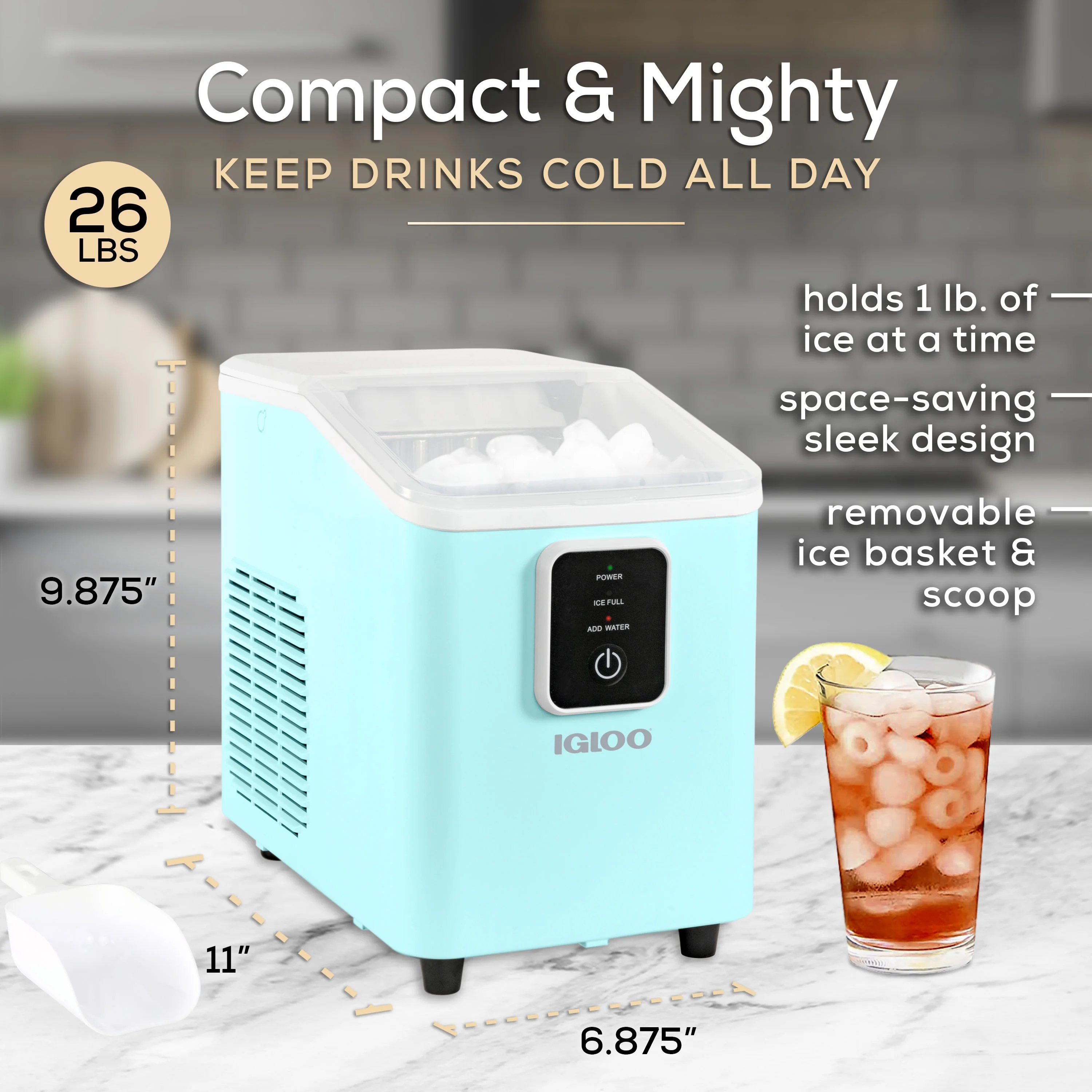 Igloo Self-Cleaning Countertop Ice Maker - Compact and Portable - Creates 26 lbs. Per Day, 8 Pieces Ready Every 7-8 Minutes - Includes Ice Scoop and Basket - Aqua