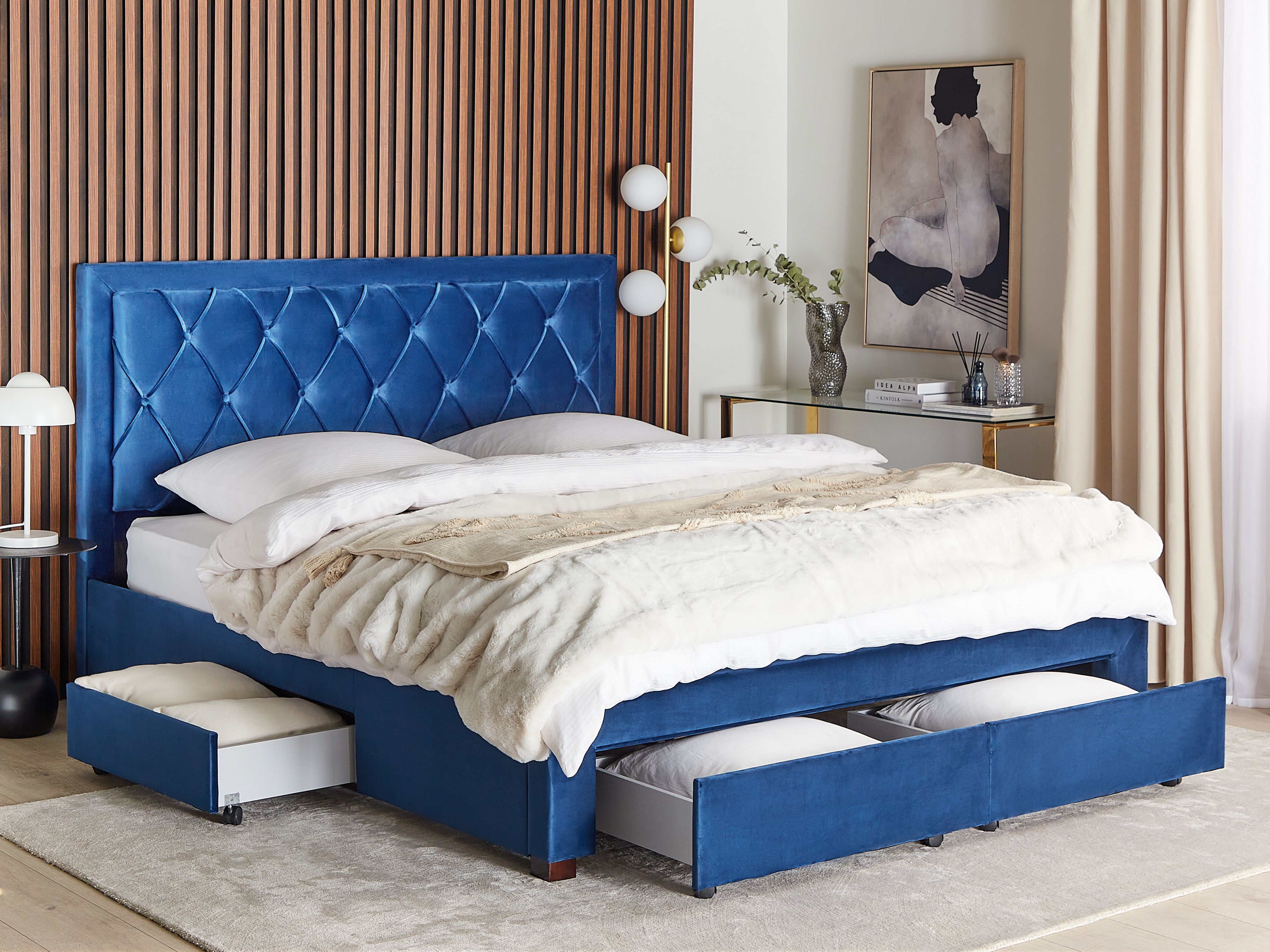 Bed with Storage Drawers Velvet LIEVIN 180 x 200 cm (EU Super King) Navy Blue