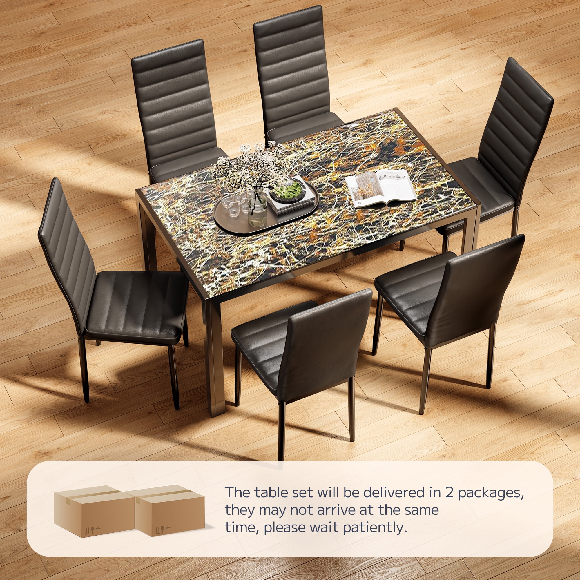 Asofer Modern 7 Piece Dining Table Sets for 6, Glass Kitchen Table, PU Leather Chair, Dining Room, Black - Image 30