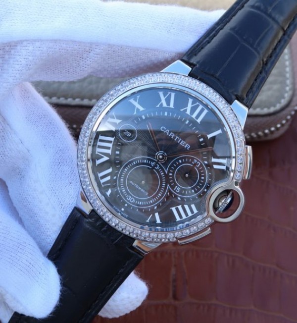Replica Cartier Ballon Bleu De Cartier Chrono SS Black Dial Diamonds Bezel A8101 - Elite Watch Atelier