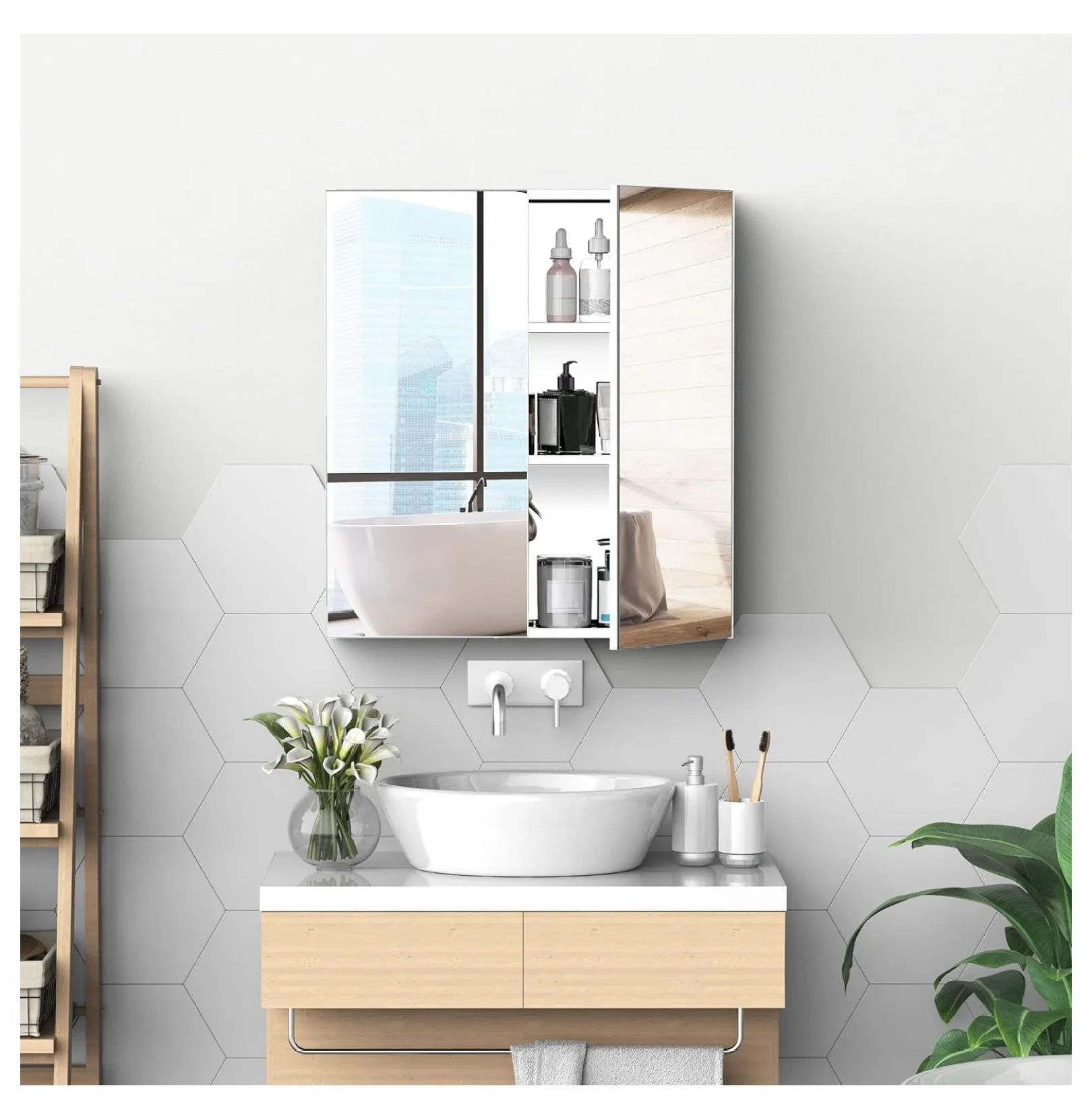 Alieon Bathroom Mirrored Cabinet, 24