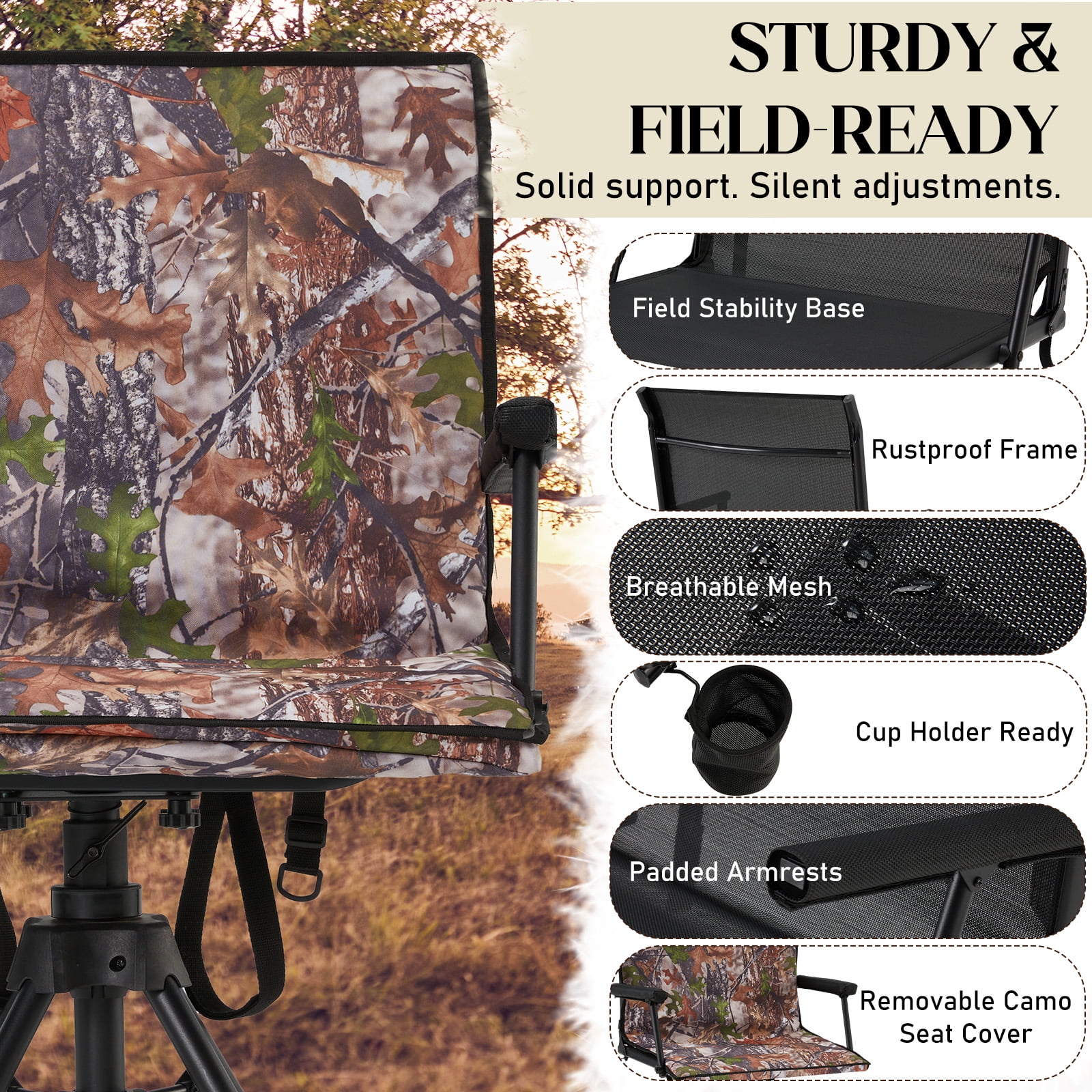 Danrelax 360�� Silent Camo Hunting Blind Chair, Armrests, Side Pouch, Telescopic Legs - Image 8