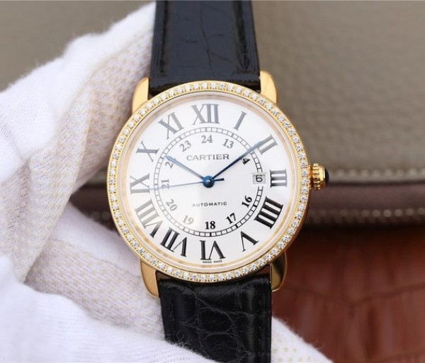Replica Cartier Ronde De Cartier YG White Dial Diamonds Bezel Croco Strap A2892 - Top club