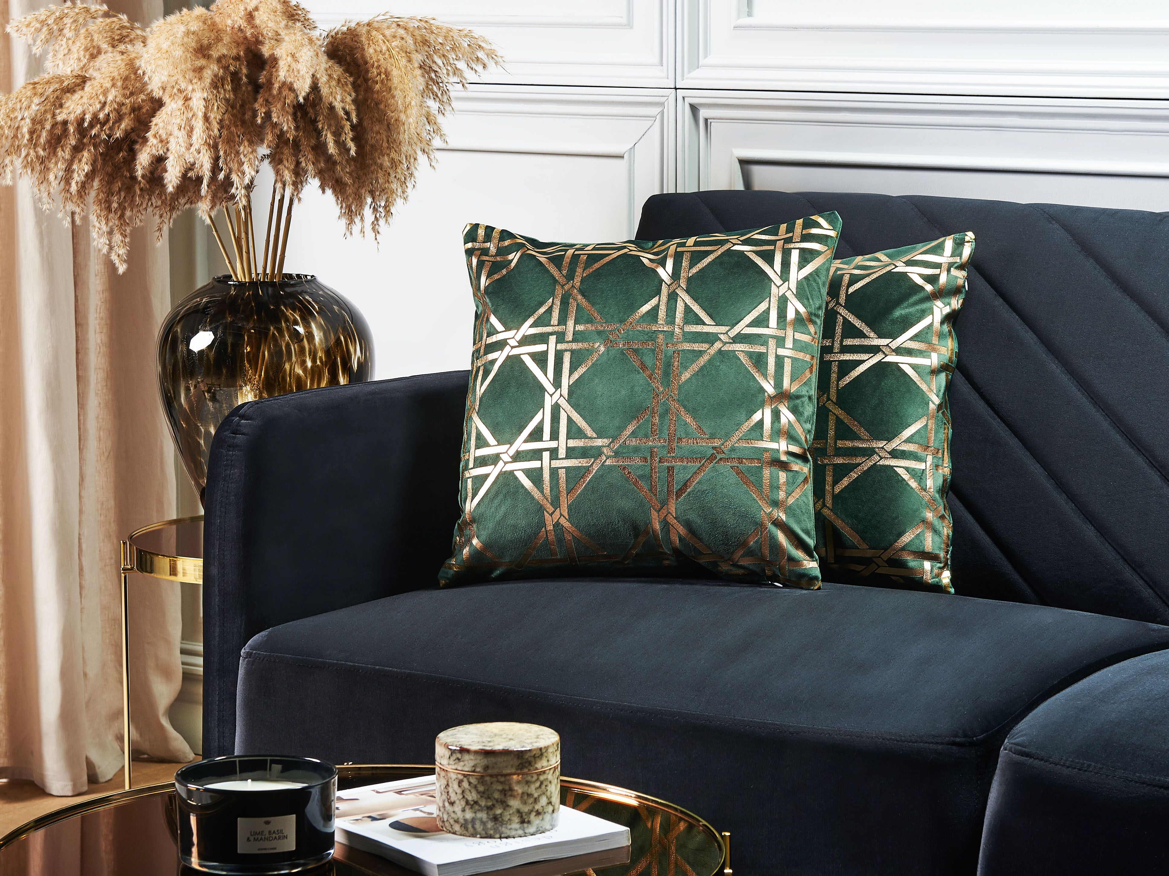 Set of 2 Decorative Cushions CASSIA 45 x 45 cm Dark Green Geometric Pattern