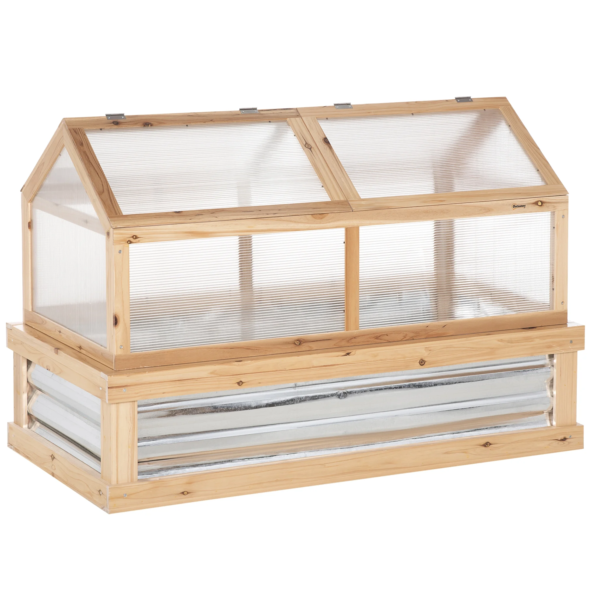 Outsunny Raised Garden Bed with Polycarbonate Greenhouse, Wooden Garden Cold Frame Greenhouse, Flower Planter Protection, 48" x 24" x 32", Natural - Image 4