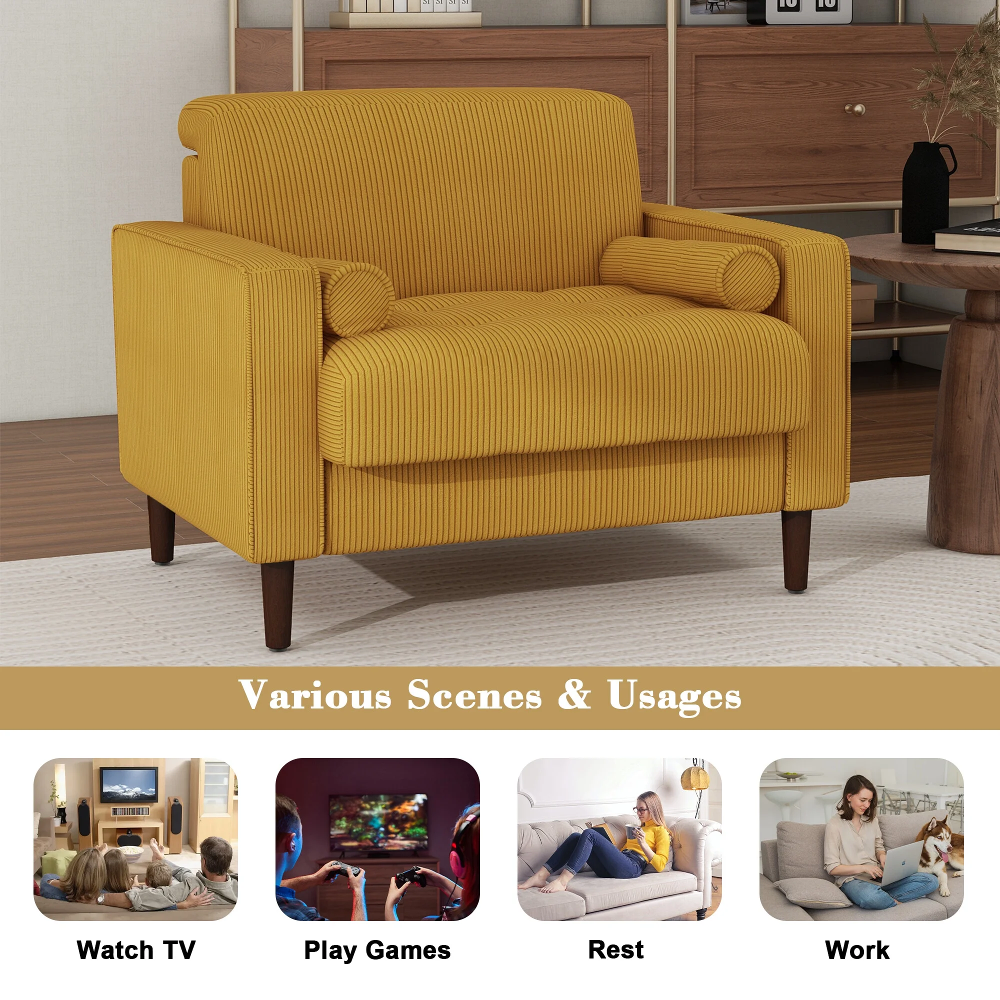 UIXE Corduroy Accent Chair Modern Upholstered Arm Chairs Comfy Reading Armchair with Pillow Armrest Tufted Living Room Single Sofa Lounge Seat, Yellow - Image 8