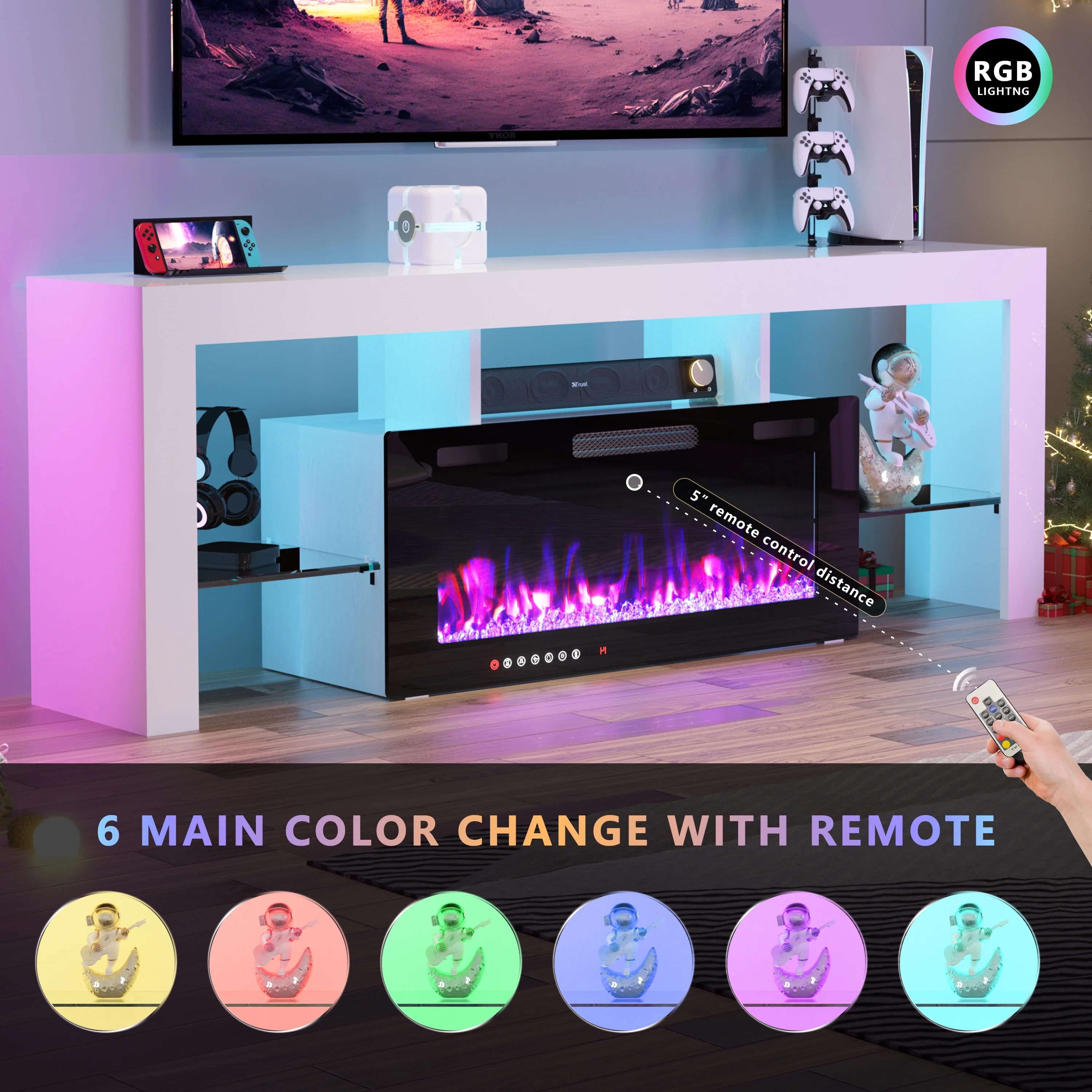 70" Electric Fireplace TV Stand by GetYes - Sleek White Design with Adjustable Flame & Remote Control, Perfect for Living Room - Image 4