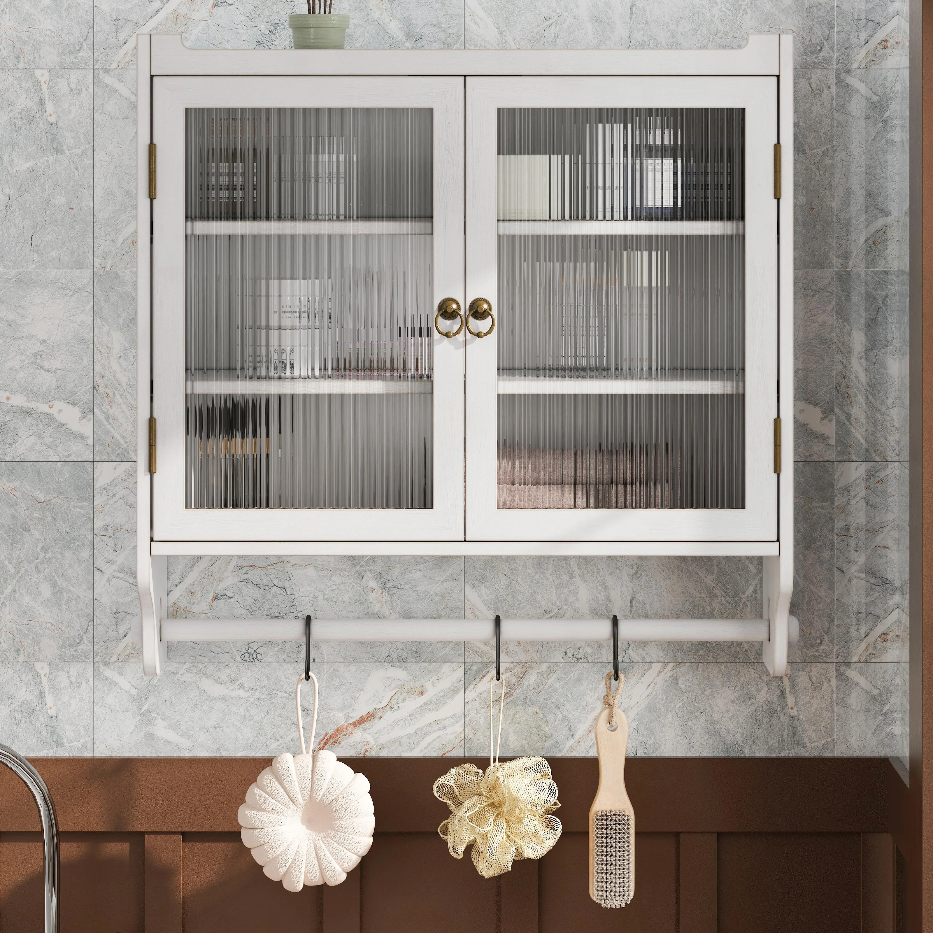 GZXS Solid Wood Wall Cabinet with 2 Tempered Glass Doors, 3-Tier Storage Organizer for Bathroom, Entryway, Kitchen, Dining Room, 24.8