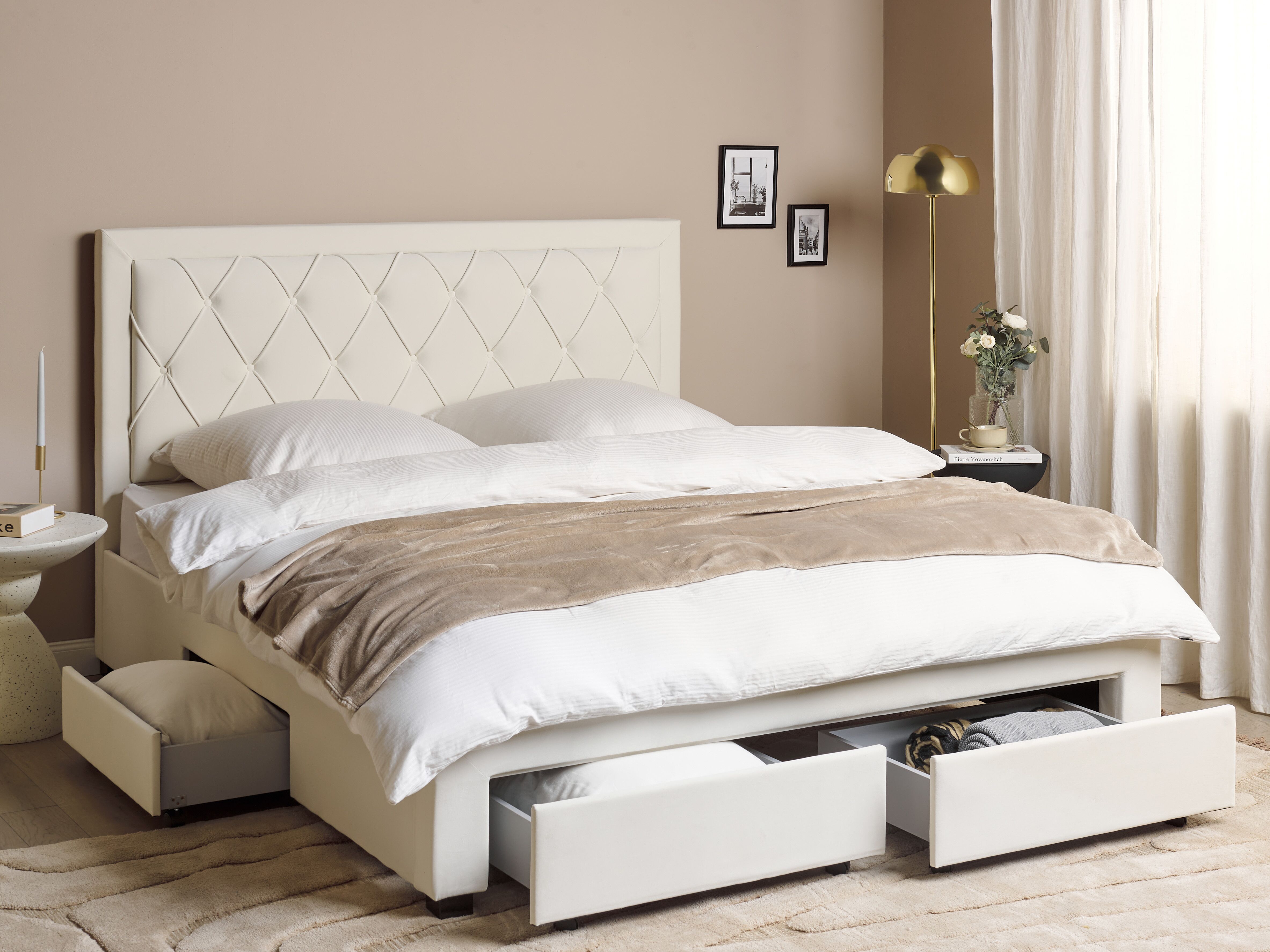 Bed with Storage Drawers Velvet LIEVIN 180 x 200 cm (EU Super King) Light Beige